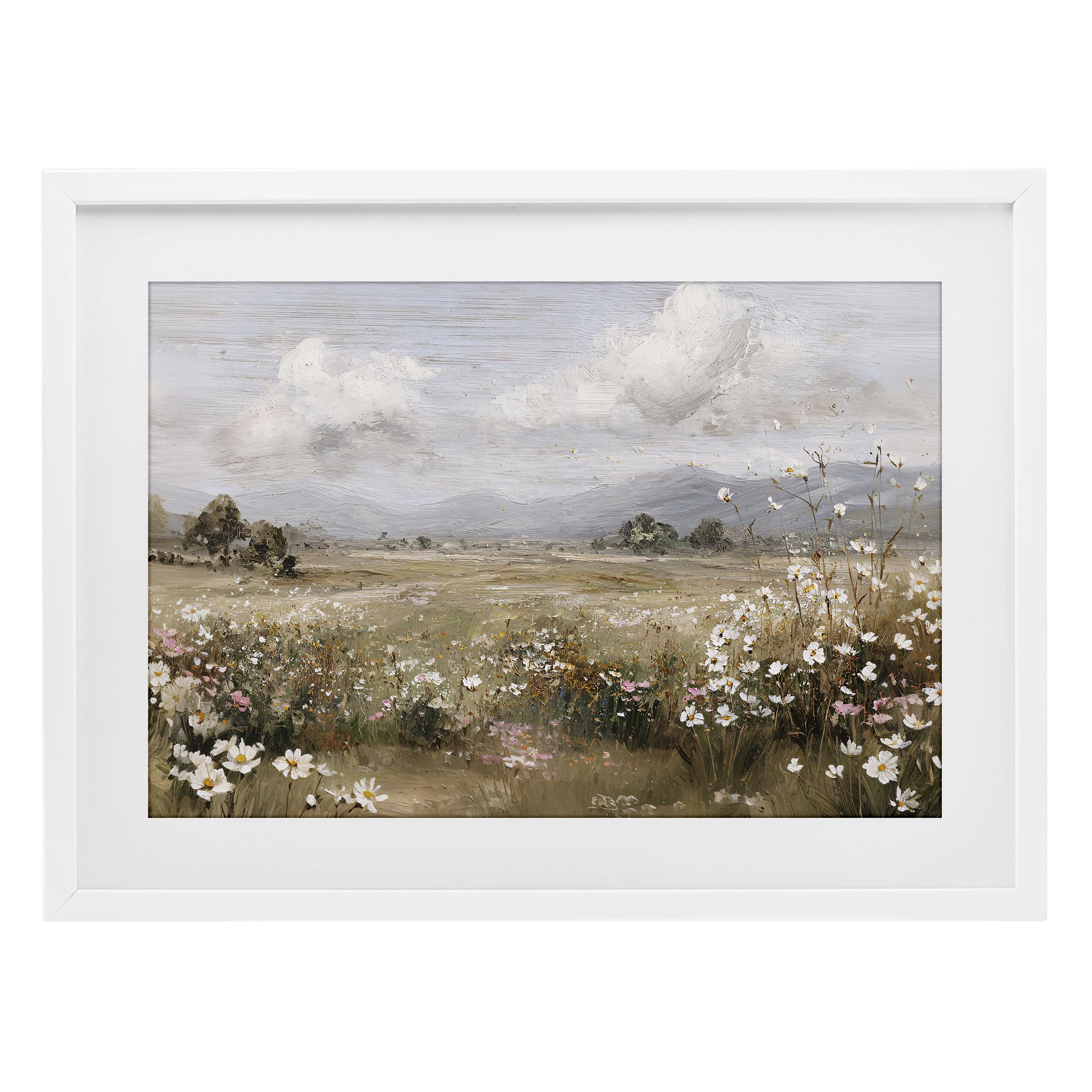 Stupell Industries Coastal White (Textured) 'Daisy Clusters In Field'| Framed Print Under Glass