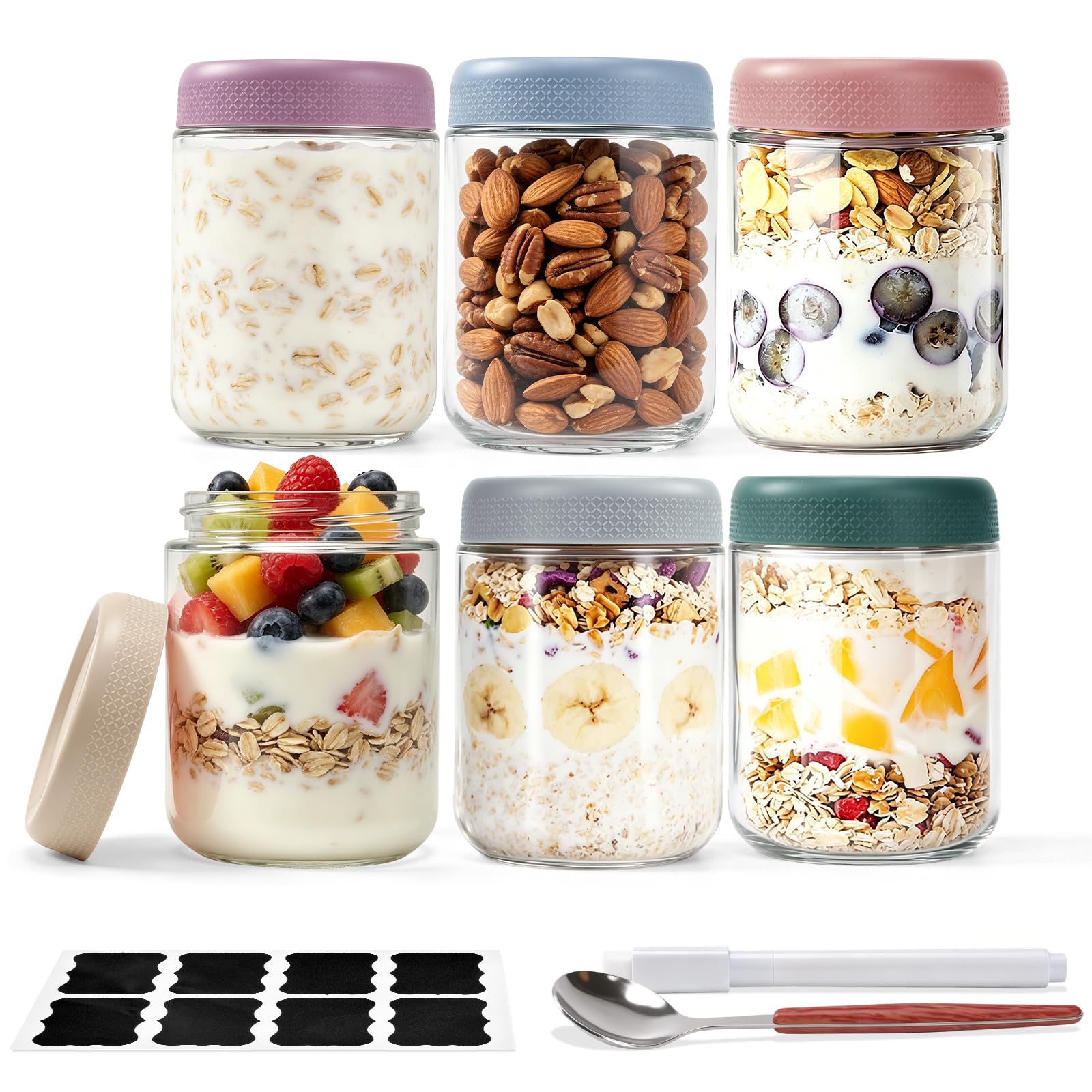 Overnight Oats Jars With Lids, 6 Pack 500ml/16oz Glass Overnight Oats Container With Spoon and Erasable Pen, Wide Mouth Mason Jars Food Storage Container for Homemade Yogurt Oatmeal Salad Jam Pudding