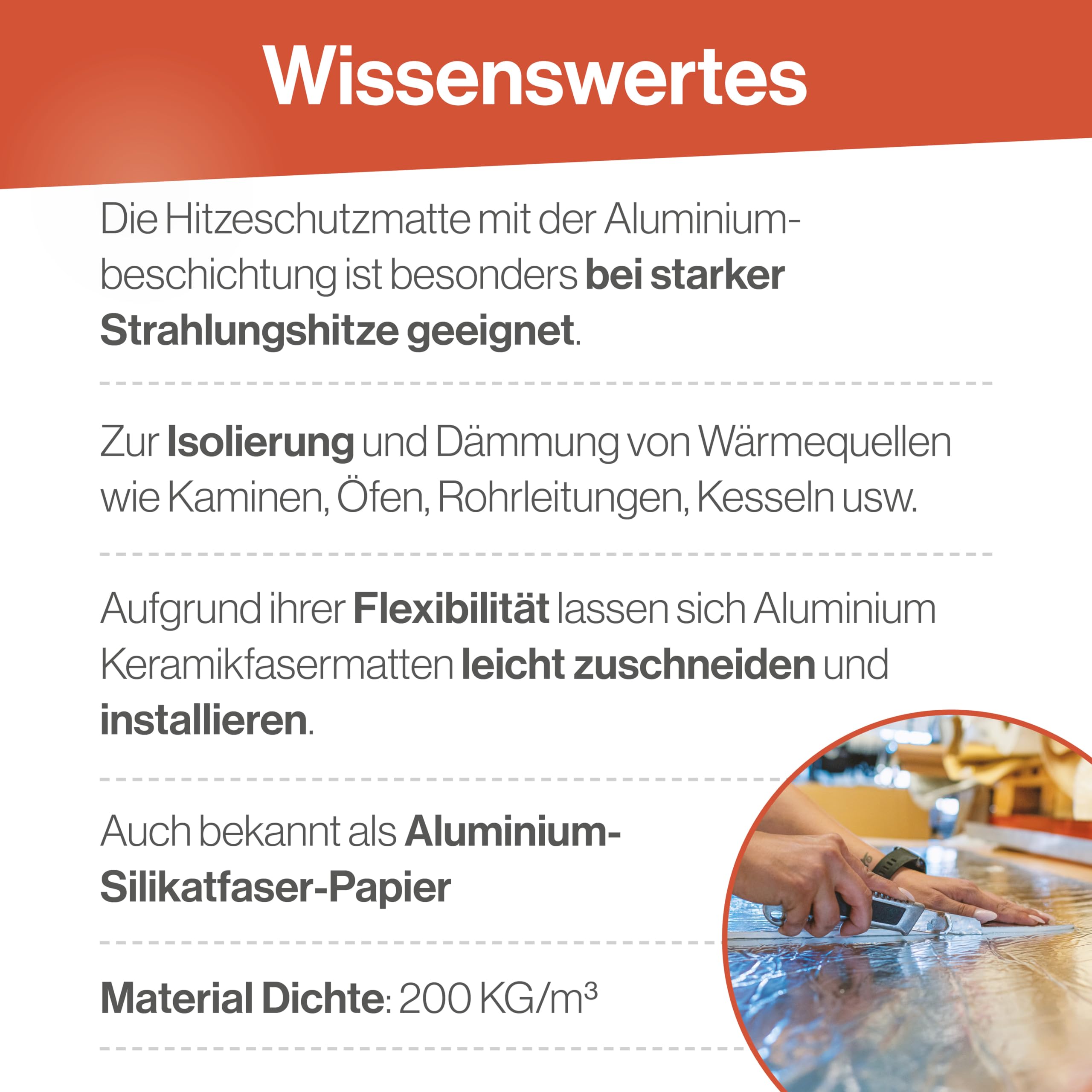 Feuerfest 123 - Keramikfasermatte Aluminium 600x250x5 mm, Aluminiumsilikat, hitzebeständig bis 1.260 °C, Material Dichte 200 KG/m³, Isolierung für Kamine und Öfen