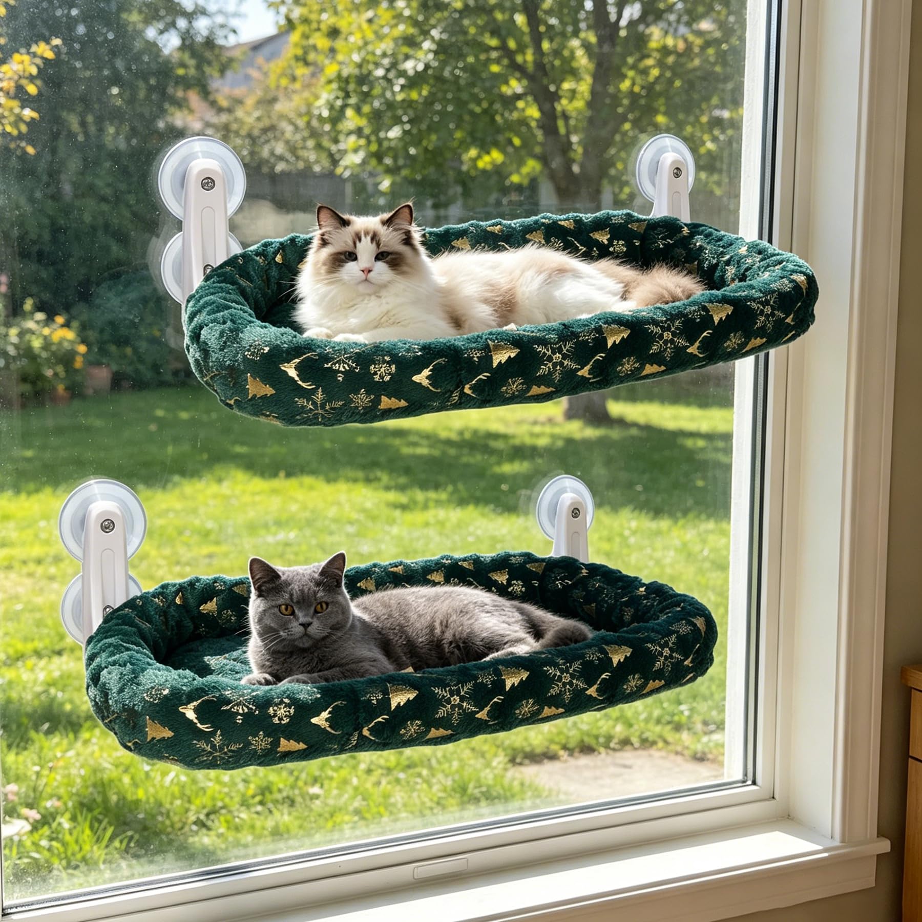 L&amp;W BROS. 2-Pack Foldable Cat Window Perches with Christmas Cushion Bed Easy to Assemble Cats Hammock for Window, Warm Indoor Cat Beds for Large Cats, Edition(M Green)