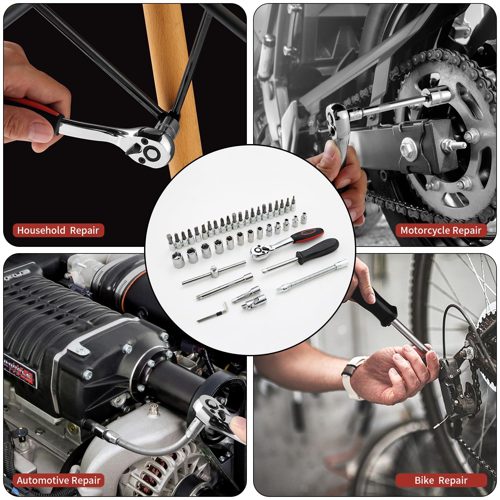 Kit de Clé Plate à Cliquet et à Douille 46 Pcs Cr-V - 1/4" 72 Dents Avec Boîte à Outils - Outillage Mécanique Auto Chromé et Poli Miroir Pour Réparation