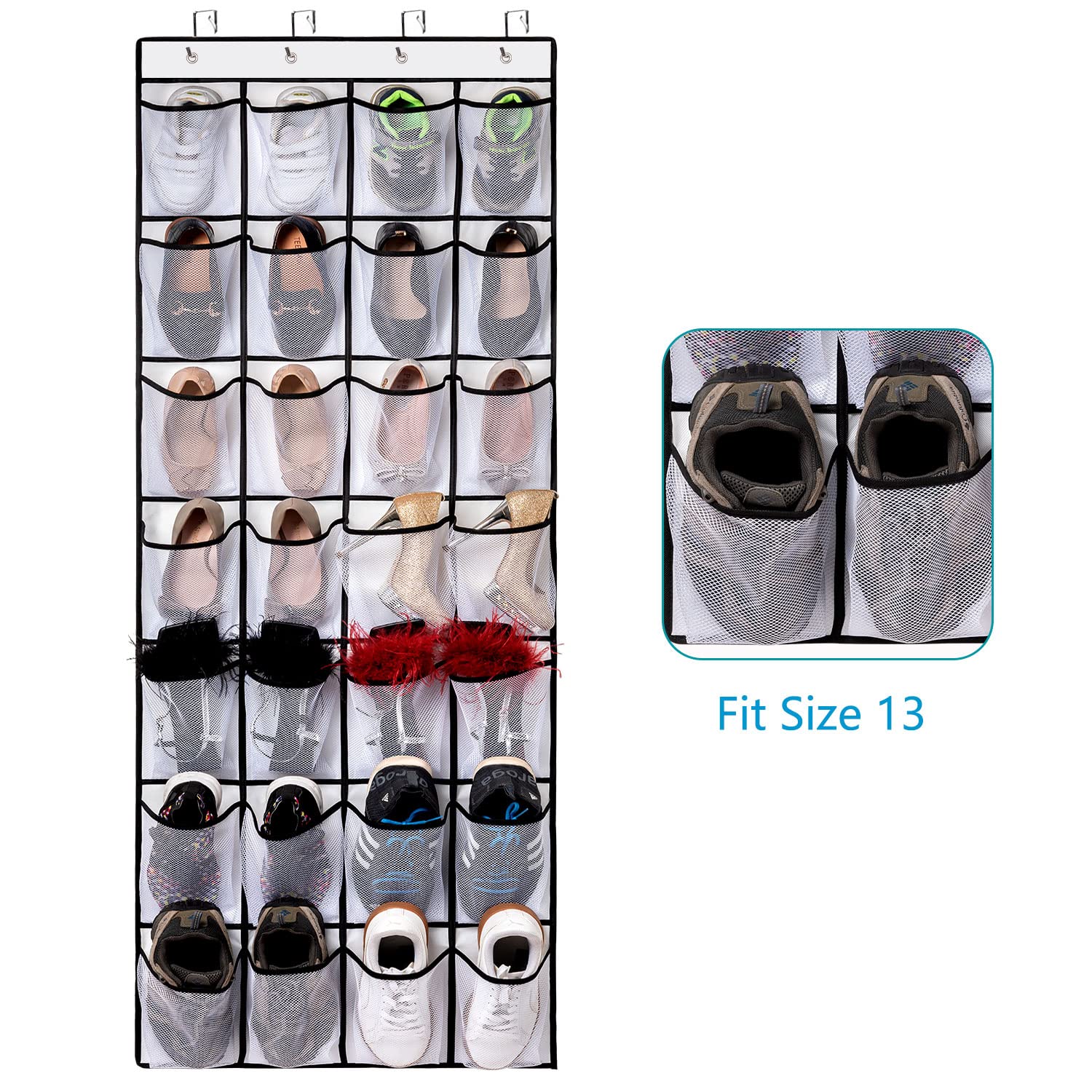 REGELOGO - Organizador de zapatos de 28 bolsillos para puerta, organizador de zapatos colgante para puerta, organizador de zapatos de gran capacidad con 4 ganchos de metal (blanco, paquete de 2)