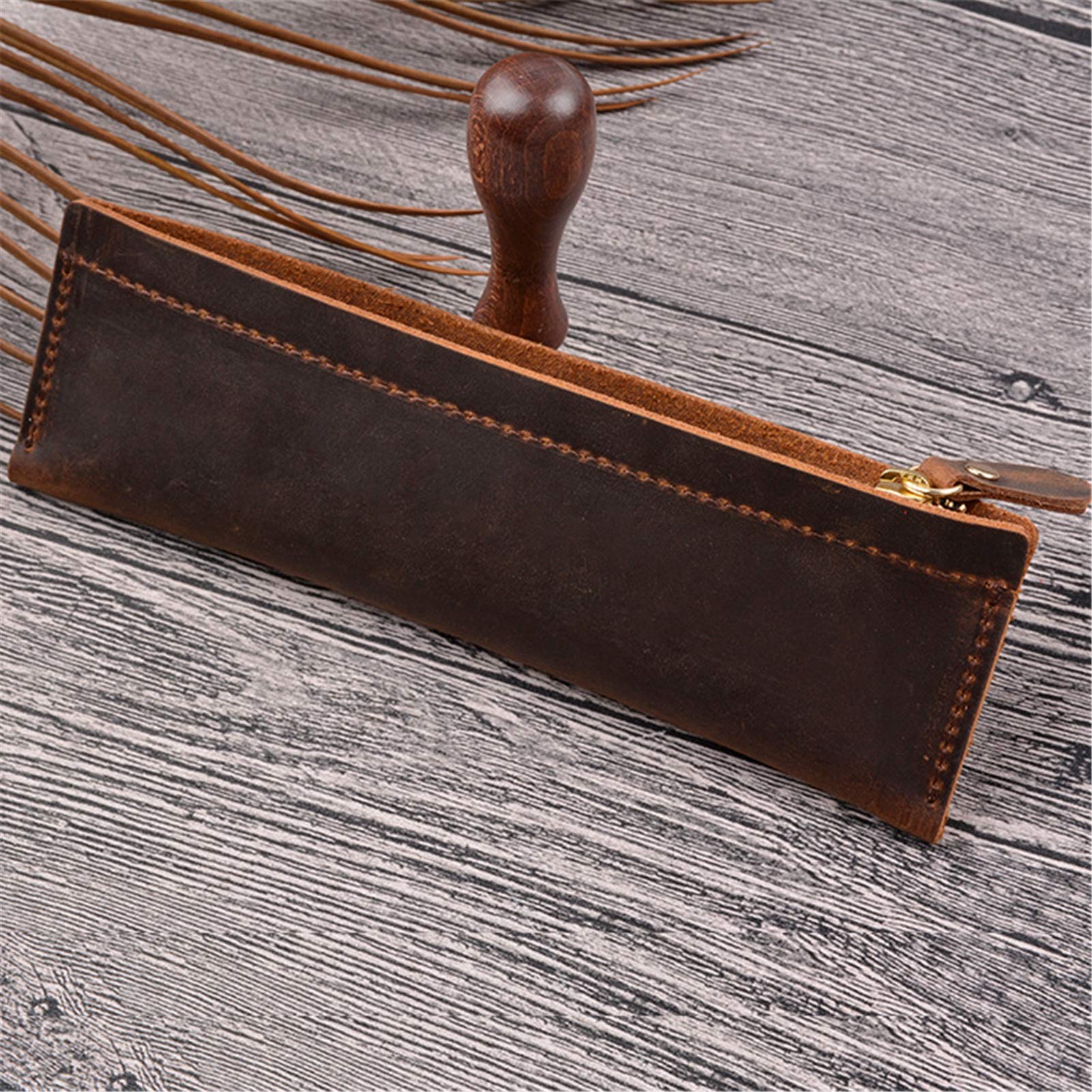Astuccio in pelle, astuccio piccolo, Astuccio in pelle con cerniera for cancelleria ufficio multicolore 190x60mm(Brown)