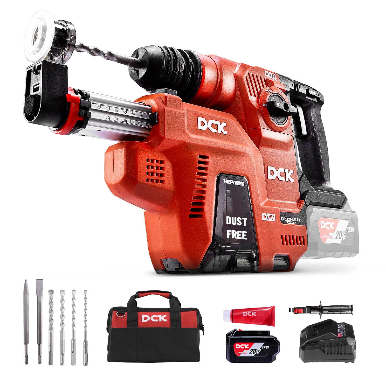 DCK 20V Cordless Rotary Hammer with Dust Collector, 15 in³ Dust Collection Box, 5-Inch Stroke, 2.8J Impact Energy, Brushless SDS Plus Hammer Drill