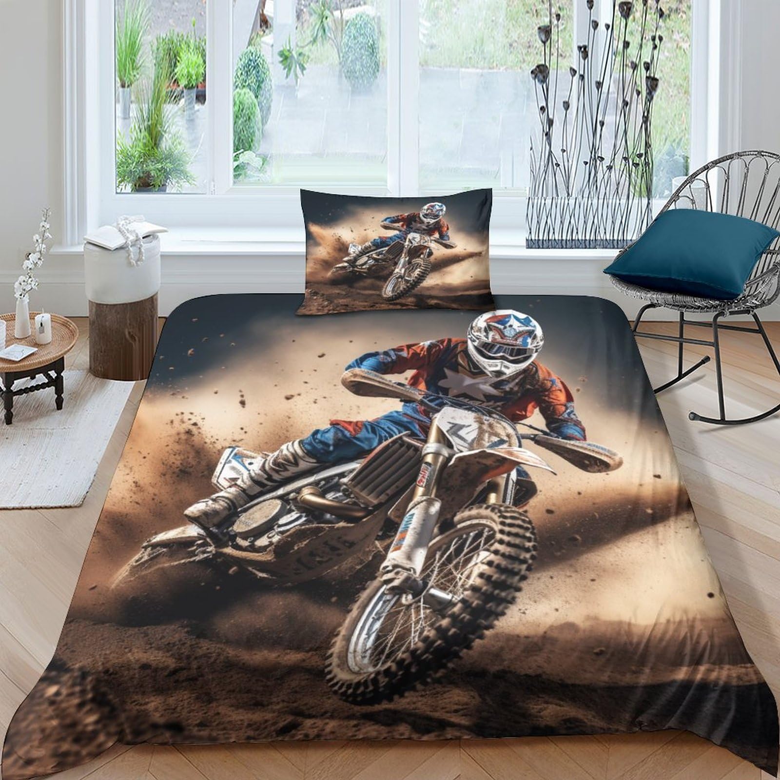 BARDYS Motocross Duvet Cover with Pillowcaser Kids 3D Printed Bedding Motorbike Comforter Cover Soft Microfiber Quilt Cover for Girls, Boys Bedding Set，with Zipper Closure Single（135x200cm）