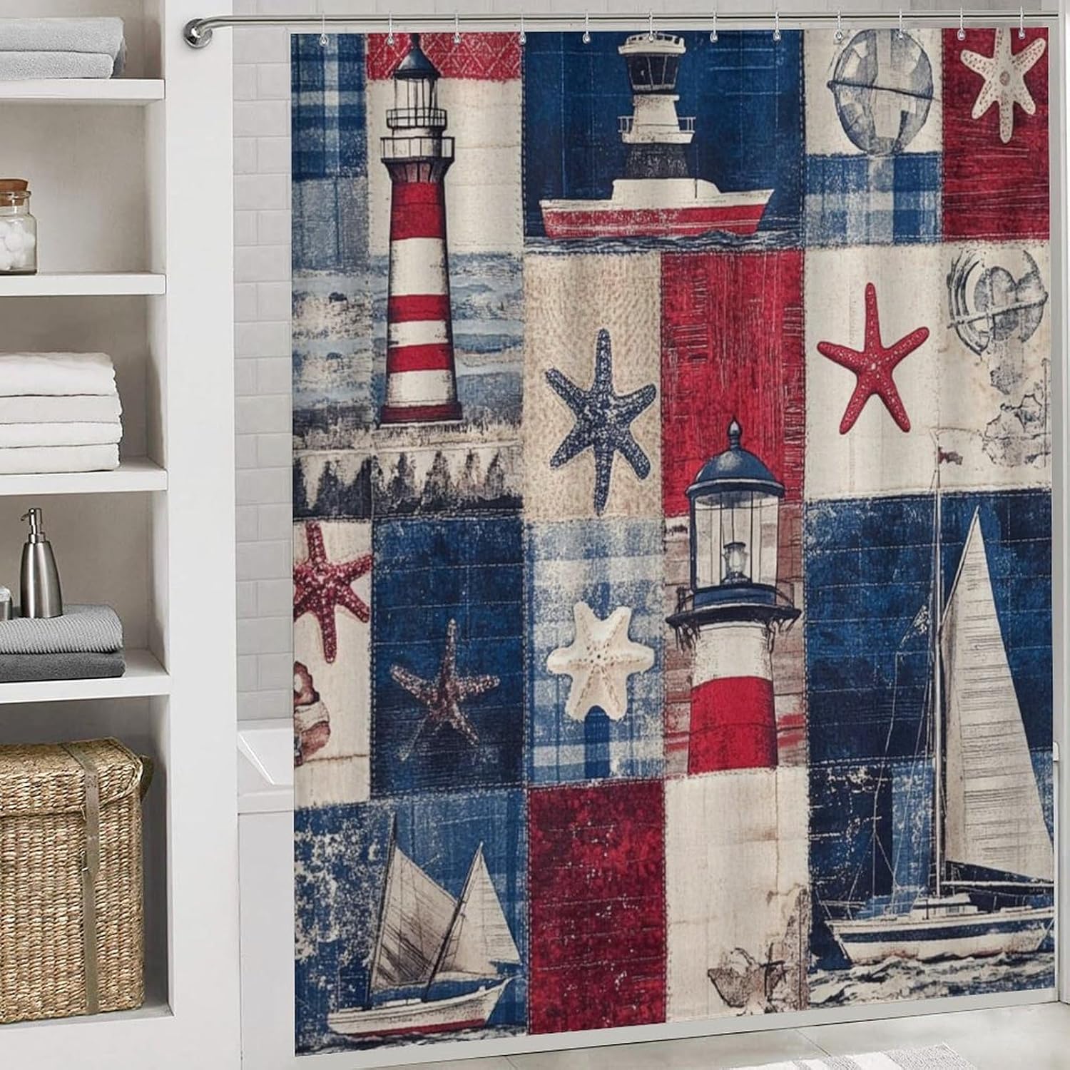 4Pcs Abstract Sea Lighthouse Shower Curtain Sets with Rugs, Toilet Lid Cover and Bath Mat, Coastal Starfish Nautical Sailboat Bathroom Shower Curtains Set with 12 Hooks