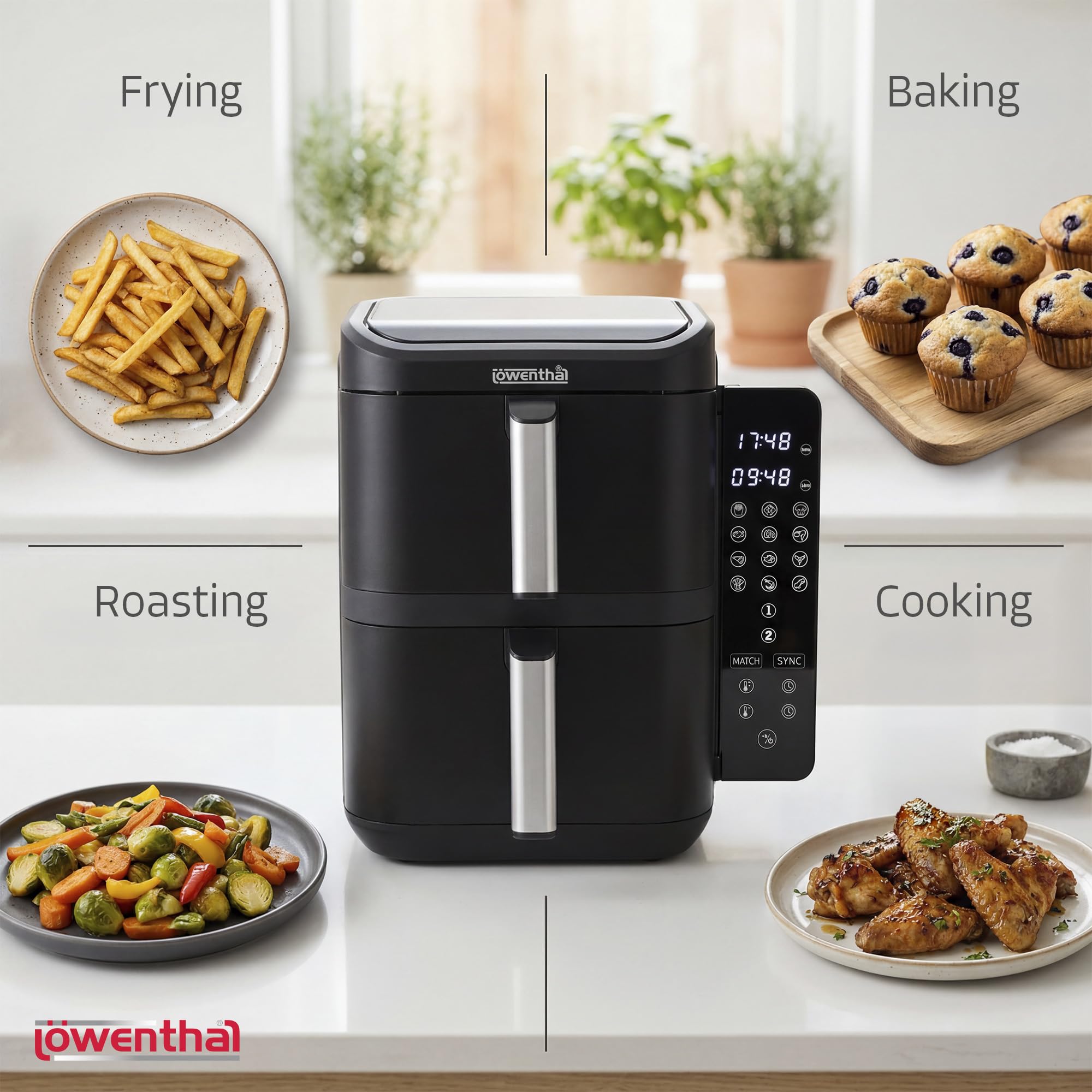 Löwenthal Double Airfryer XL 11 l frytkownica na gorące powietrze z 2 koszami (5,5 l + 5,5 l), 2800 W, Sync Finish & Match Cook, 12 programów, cyfrowy ekran dotykowy, 60-200°C, 44,5 x 27,9 x 35,2 cm