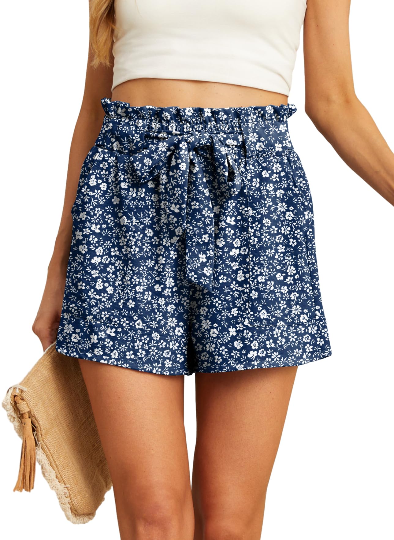 IWOLLENCE Womens Shorts with Pockets Summer Casual Shorts for Women Waist Casual Lightweight Adjustable Tie Knot Loose