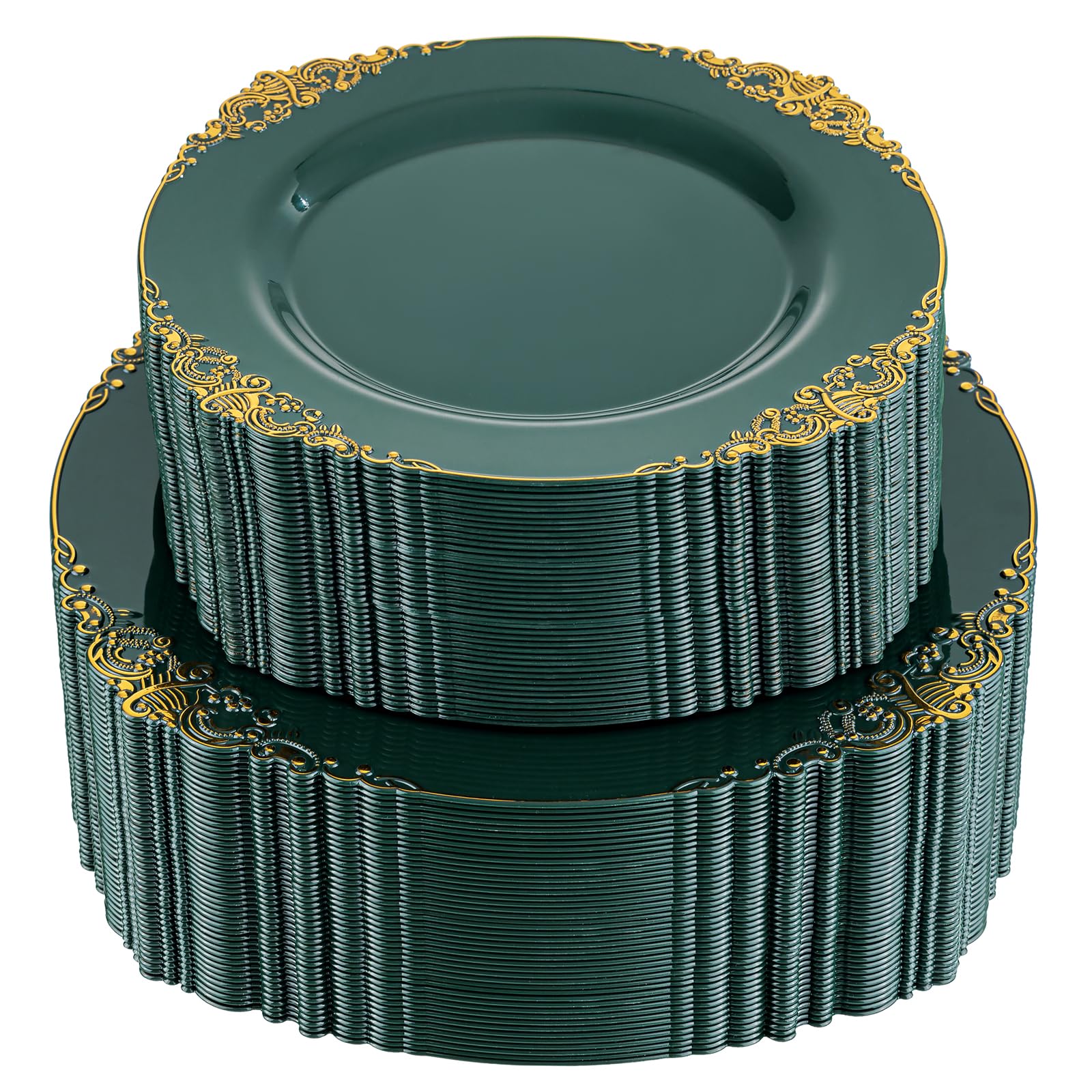 102PCS Green and Gold Plates - Green Plastic Plate - Fancy Heavy Duty Disposable Plates - Heavyweight Disposable Dinner & Dessert Plate for 51 Guests for Party & Wedding
