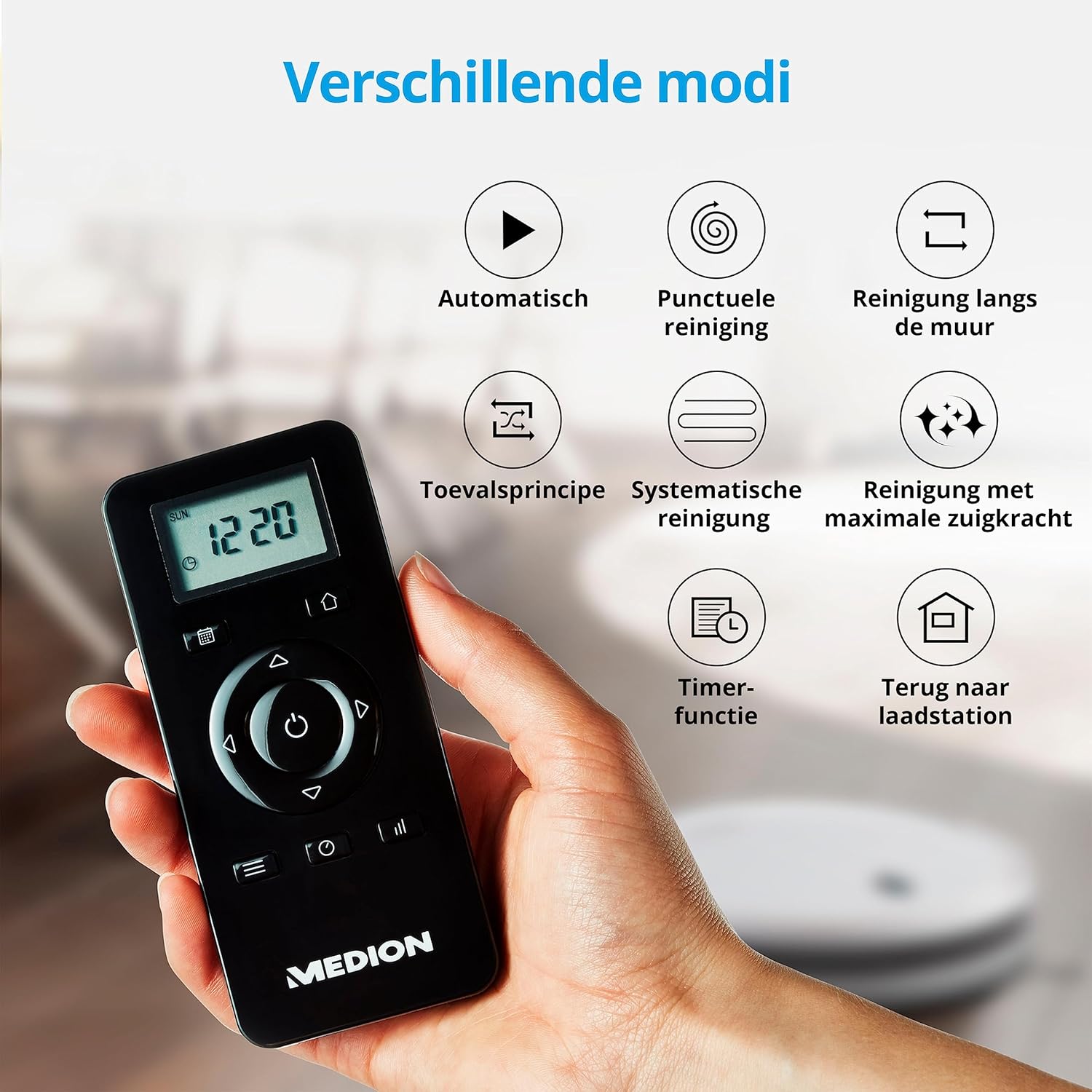 Remote control for MEDION P20 SW Robot Vacuum Cleaner showing various cleaning modes
