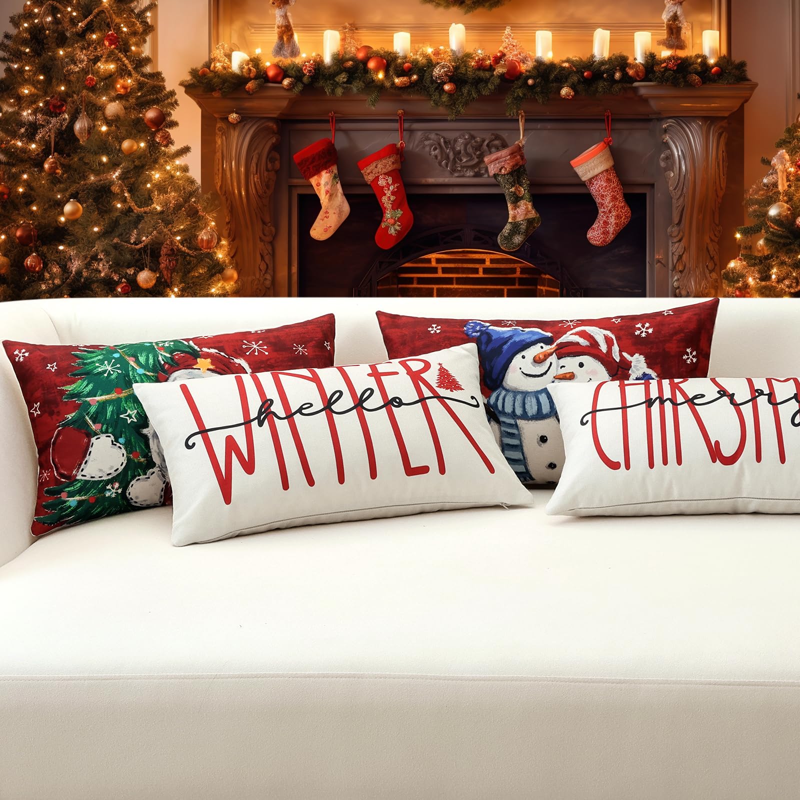 Artscope 4 Pezzi Federe Cuscini di Natale Cuscino Decorativo in Lino Natalizi per la Decorazione Domestica Soggiorno Camera da Letto Divano 30x50cm (Rosso - Coppia di Babbo Natale e Popolo di Neve