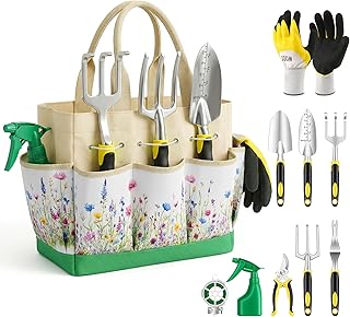 Gardening Tools 10-Piece, Heavy Duty Garden Tool Set with Fashion and Durable Garden Tools Organizer Handbag, Rust-Proof Gardening Hand Tools Weeding Kit, Ideal Gardening Gifts for Women