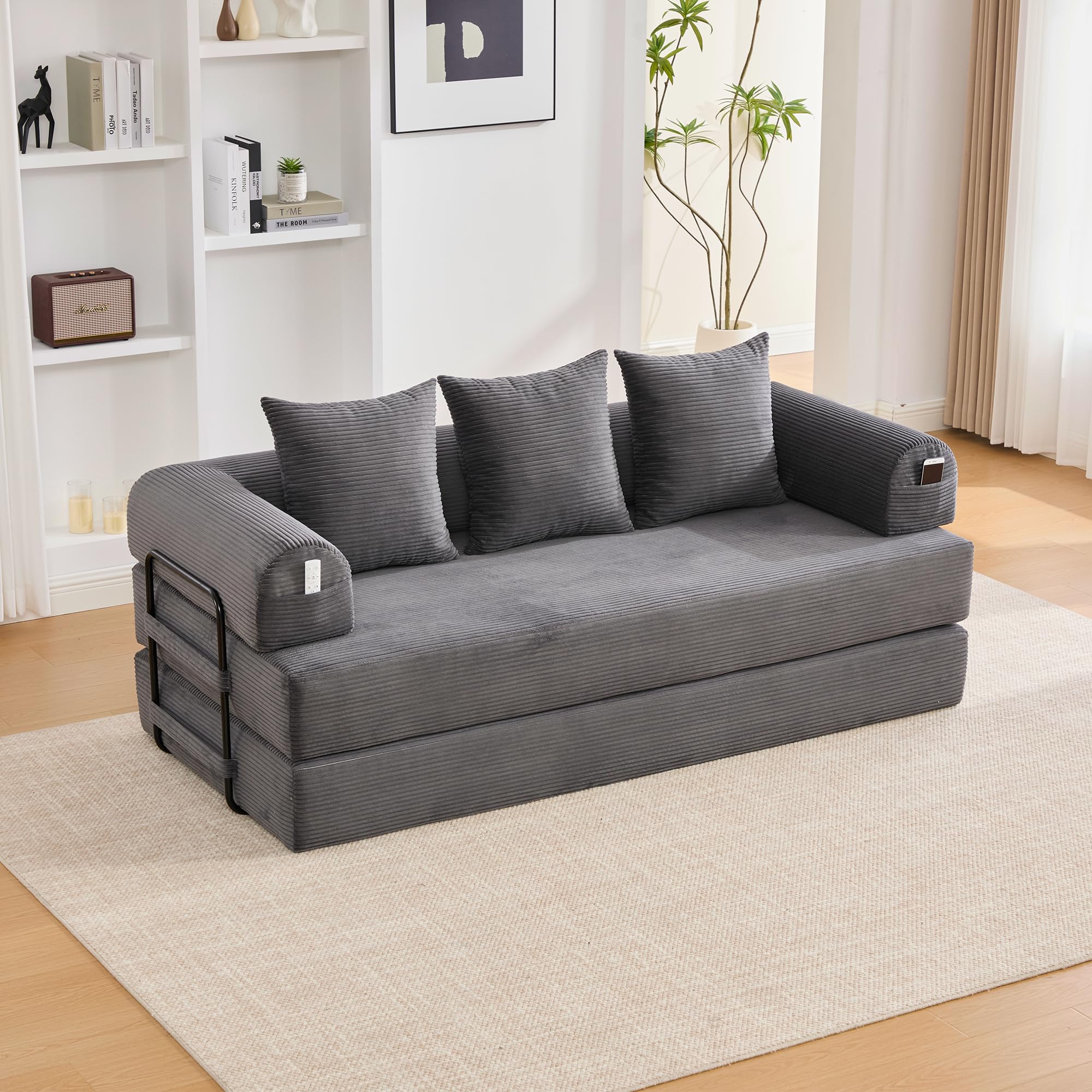 Sofá Modular sin Boneless, Sofá Cama Plegable con Marco de Metal Resistente, Bolsillos Laterales + 3 Almohadas, 200 × 94 × 67 cm, Gris Oscuro
