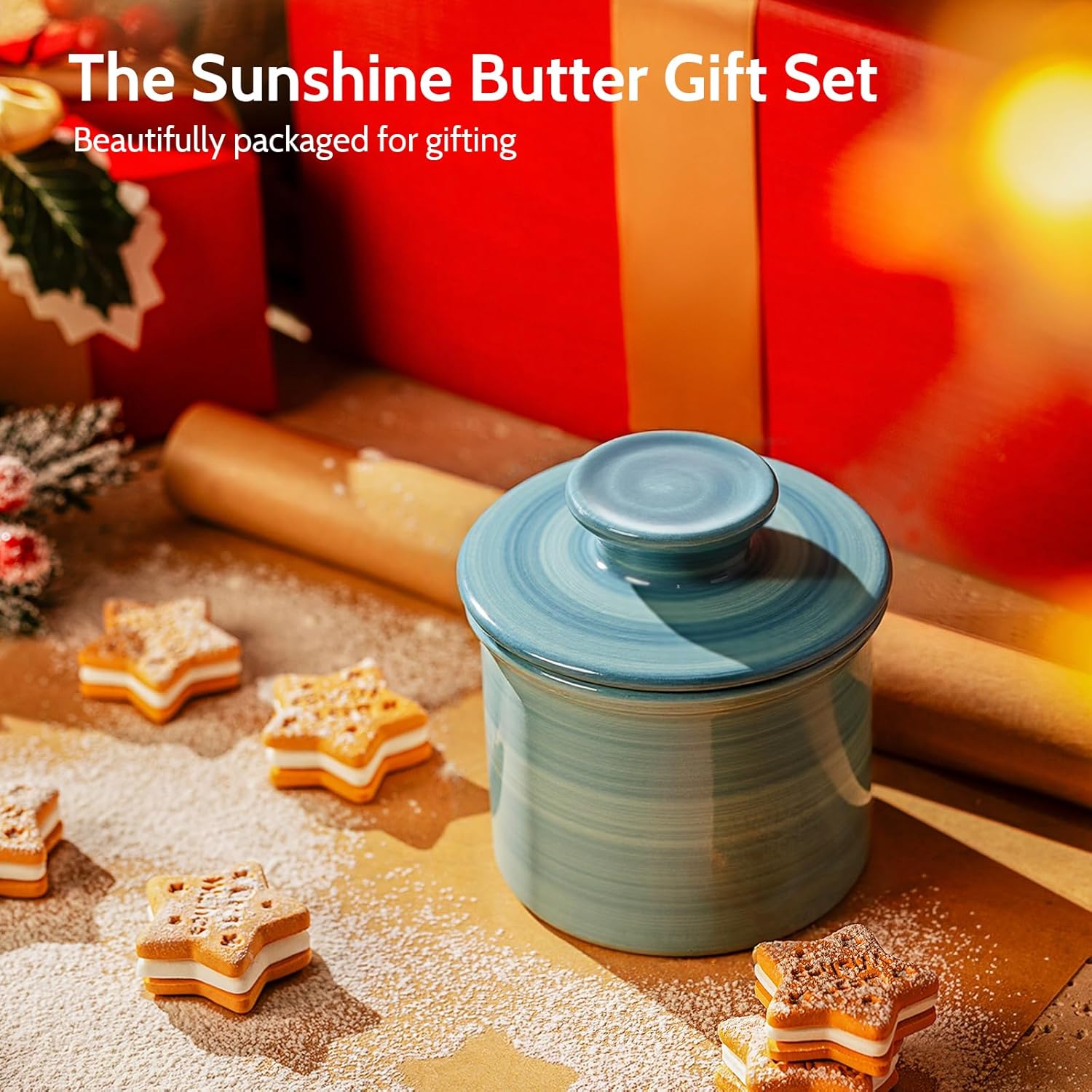 Sweese Hand-Painted Butter Crock with Lid – Vintage-Inspired Butter Keeper for Countertop Use, Unique Artistic Design, Dishwasher & Microwave Safe