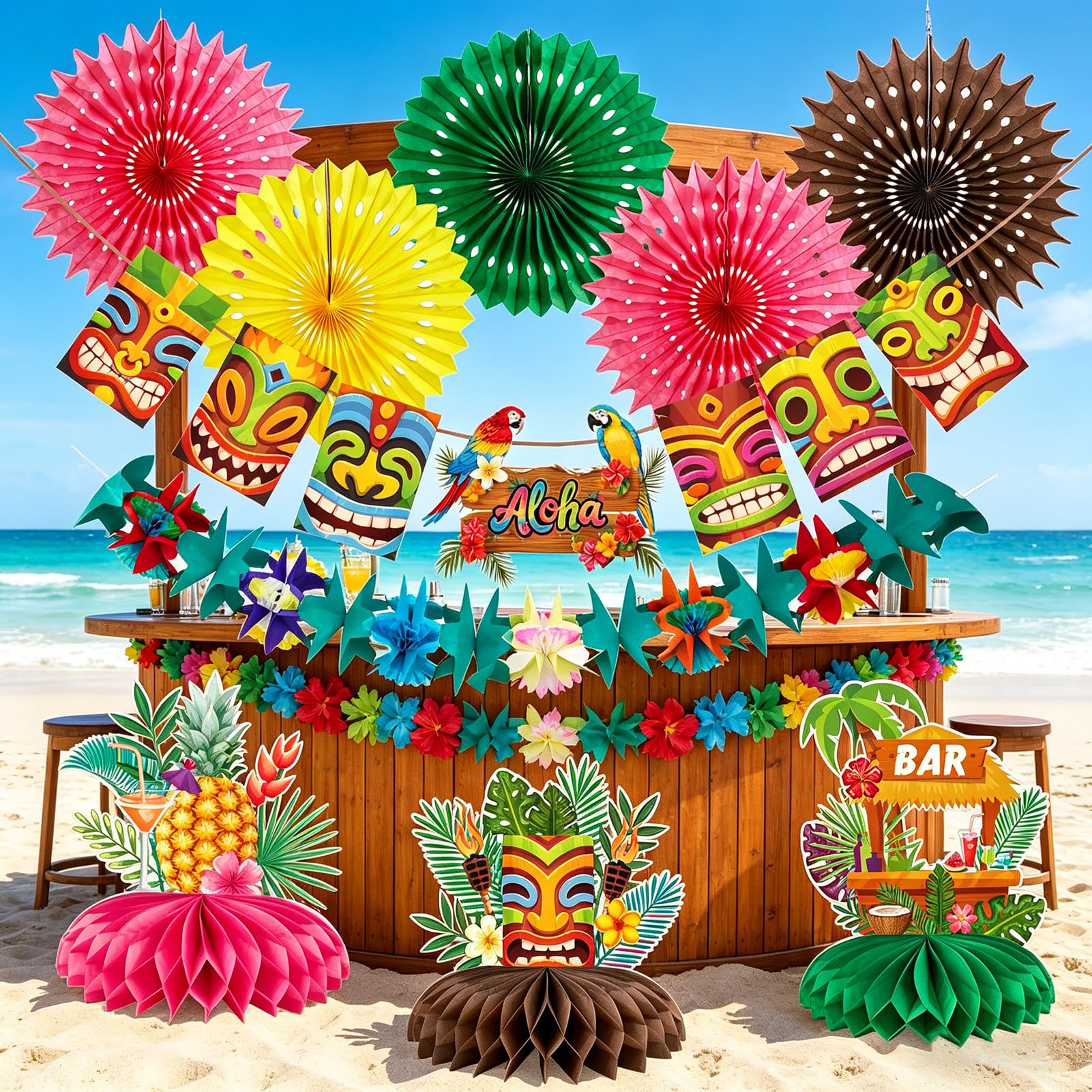 SUNBEAUTY 10 Stück Hawaii Party Deko Set Aloha-Thema Deko Tiki-Party Deko mit Tiki-Banner, Hängende Girlande Papierfächer Waben-Tischdeko für Sommer-Party, Luau Party, Geburtstag & Strand-Motto-Party