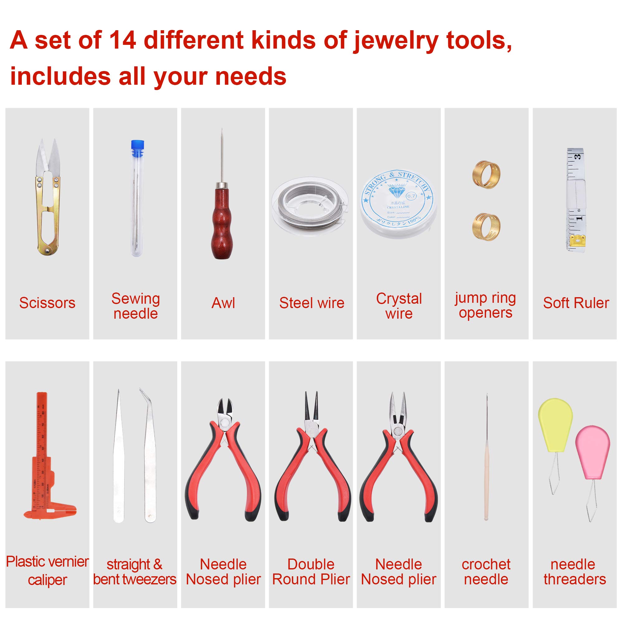 Zalava - Kit para fabricación de joyas, 1300 piezas y 14 herramientas de reparación, pinzas de alambre plateado, accesorios para hacer pulseras, pendientes, bricolaje y manualidades