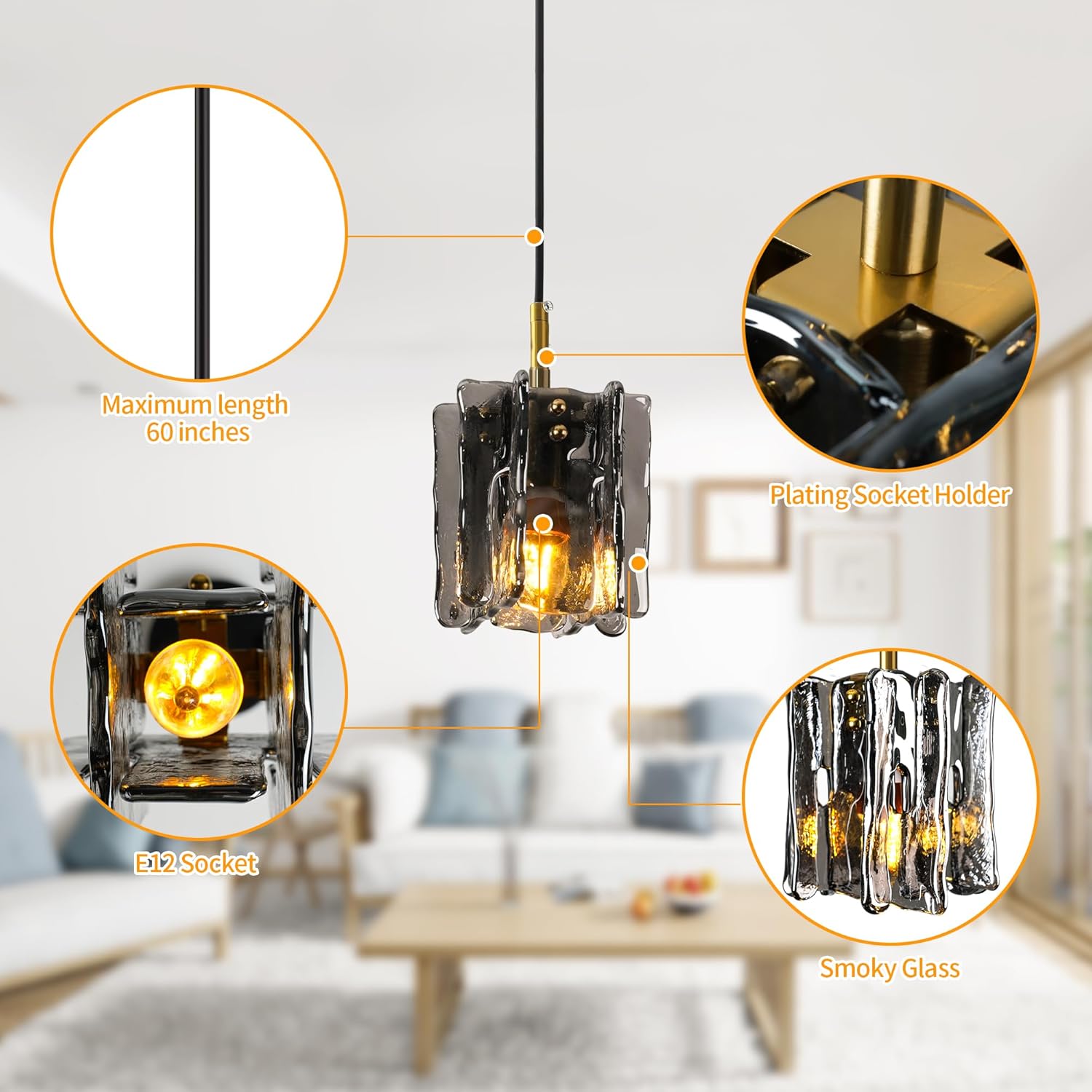 Black and Gold Dining Room Mini Chandelier Light Fixture 1-Light 4.7" W Modern Smoked Glass Mini Geometric Chandeliers Black Industrial Kitchen Island Pendant Lights for Dining Table