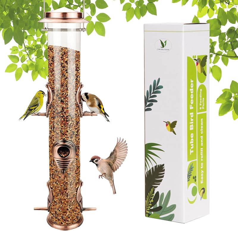 1 comedero de metal para pájaros salvajes, comederos para pájaros a prueba de ardillas para exteriores, comedero para pájaros colgante de 6 puertos, comedero para pájaros para atraer pájaros en su césped, jardín, balcón, cobre antiguo