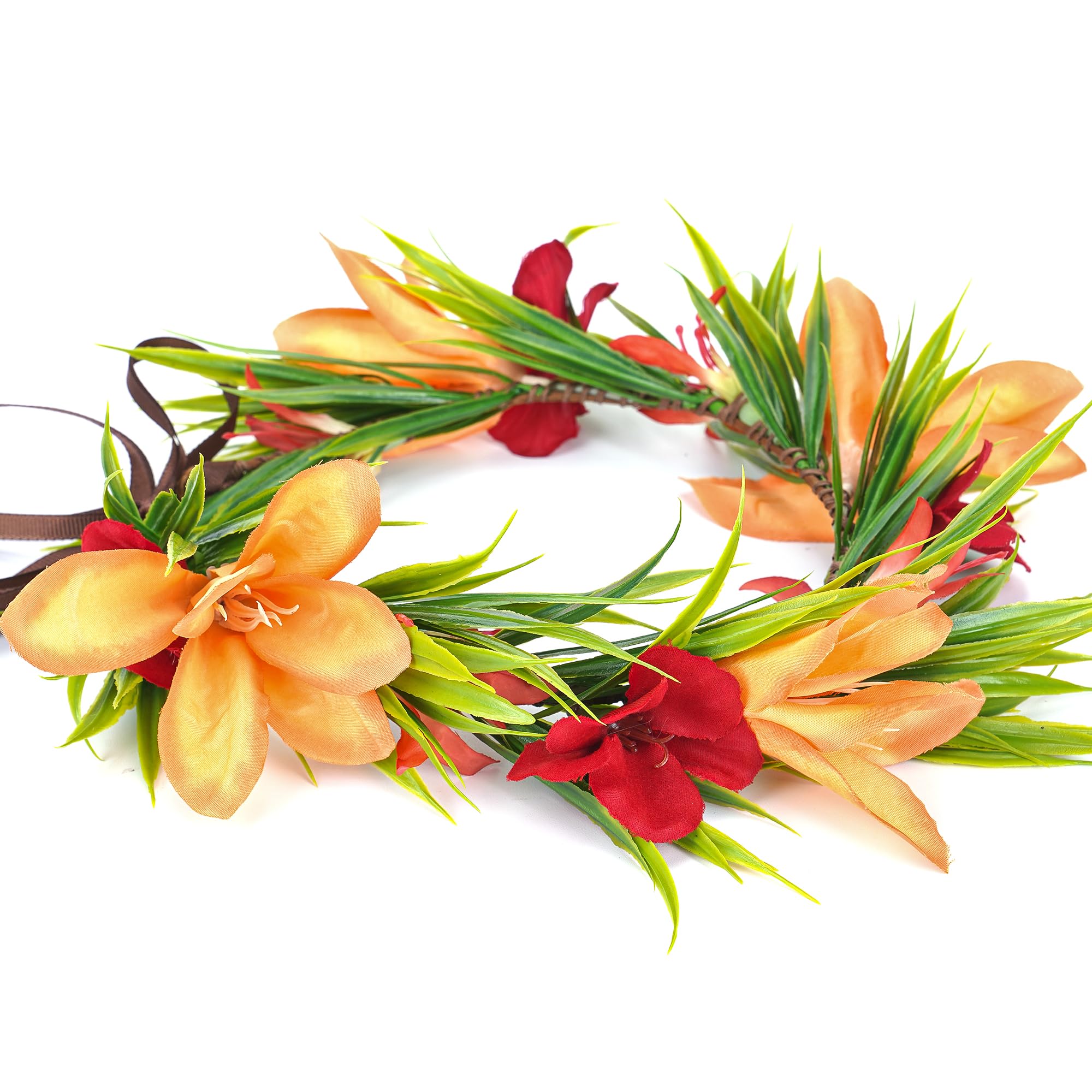 KorViSHOW Hawaiian Leis Flower Crown - Tropical Floral Headband Artificial Hawaii Floral Headpiece with Ribbon Lei Luau Dress Up Accessory for Girls