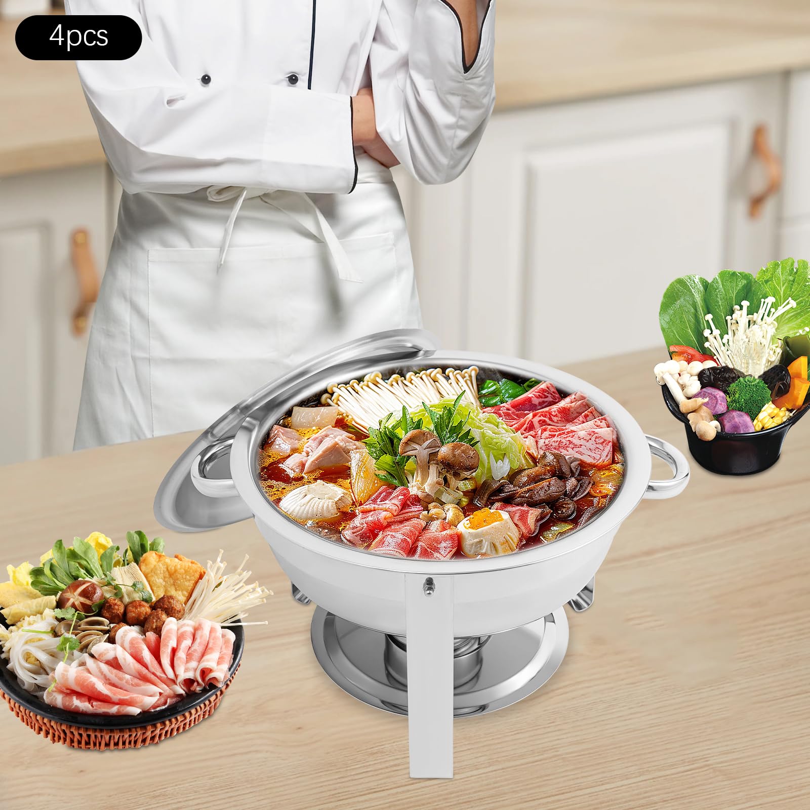 Set di 4 contenitori rotondi da 4,5 l, scaldavivande con coperchio, scalda buffet, piatti da portata a buffet in acciaio inox, per ristoranti, buffet, hotel