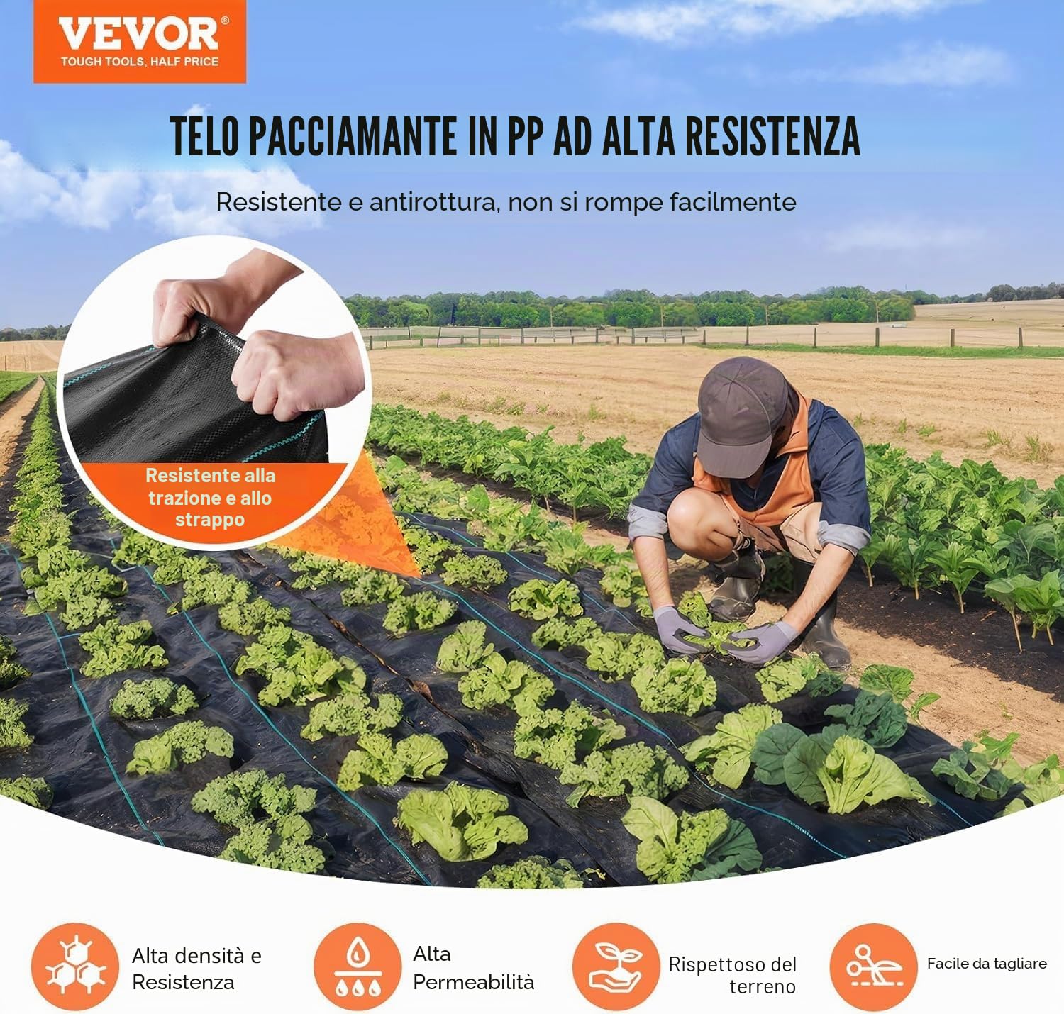 VEVOR Telo Pacciamatura Anti Infestanti, 200g/㎡ PP Barriera di Tessuto per Erbacce Paesaggistico da Giardino Protezione di Suolo UV Tessuto Polietilene 1,2 x 30,5 m, Tessuto Geotessile per Giardino