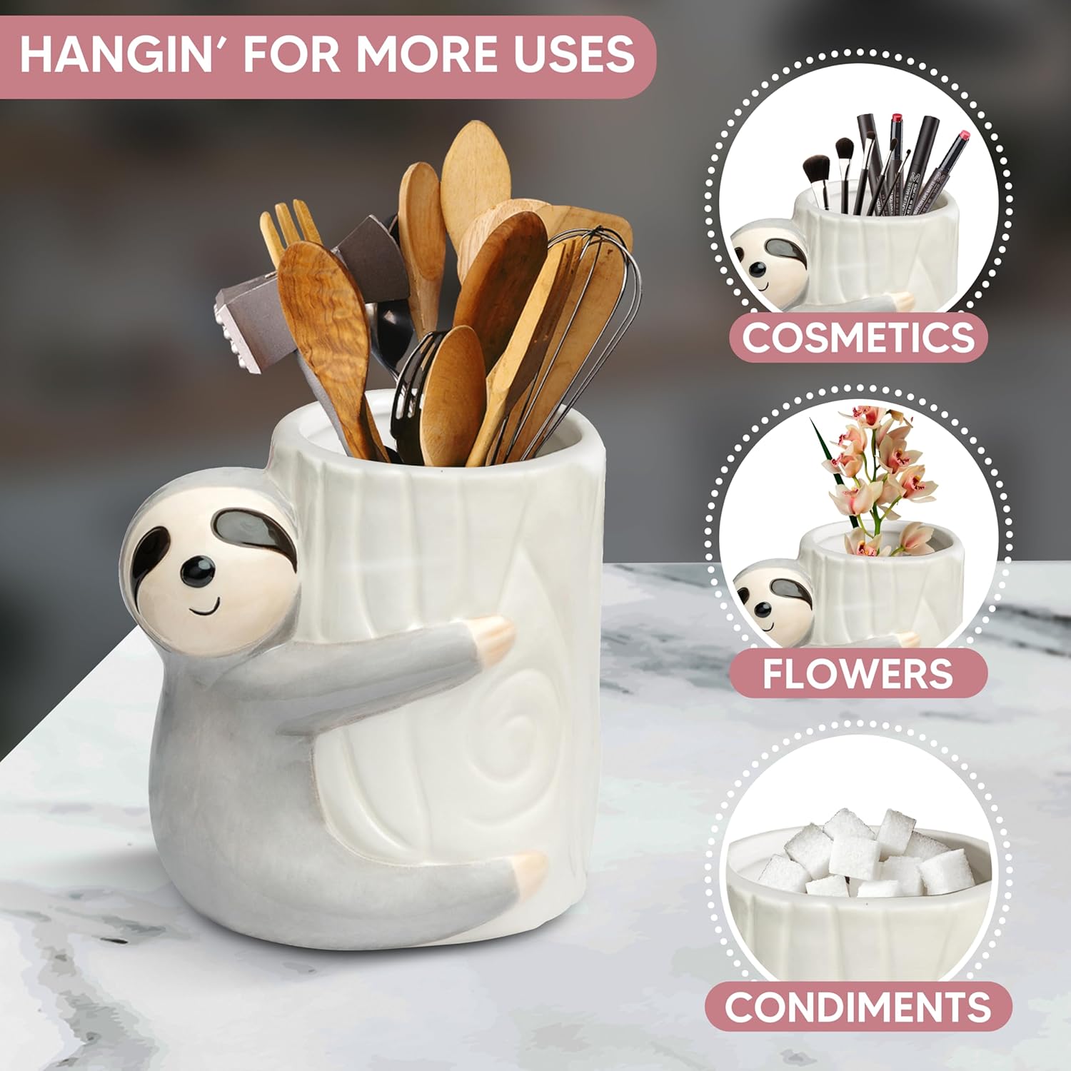 Sloth Utensil Holder - Kitchen Crock Storage Holder - Sloth Gifts For Women Holiday Decor - Glazed Ceramic Organizer - Sloth Birthday Party Supplies Accessories Decorations