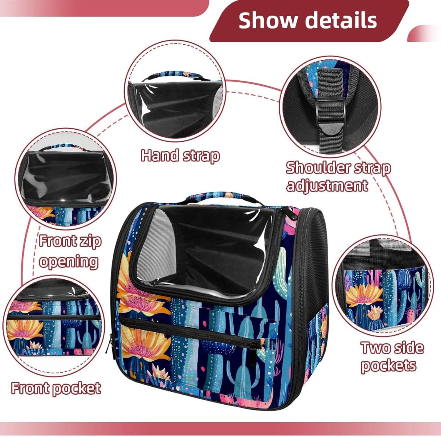 Colorful Cactus (3) Pet Carrier Airline Approved Soft Sided Portable Cozy Travel Pet Bag, Car Seat Safe Carrier for Cats and Dogs
