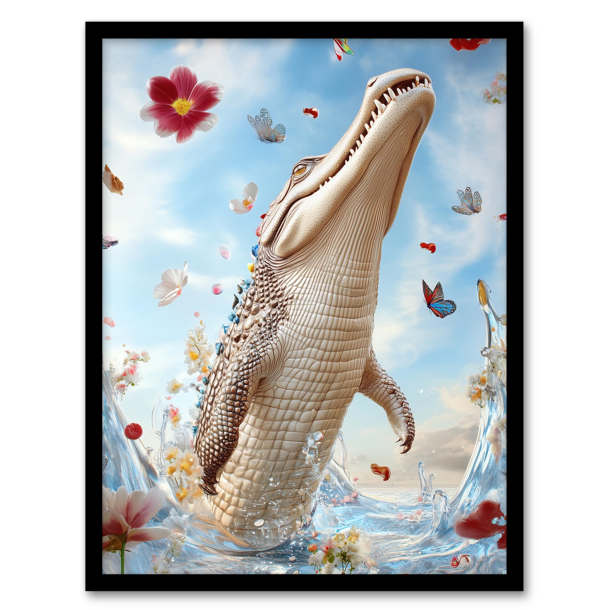 Crocodile Flowers Butterflies Framed Art Print - Surreal Beauty Shot - Artery8 - Blue - A4 Size