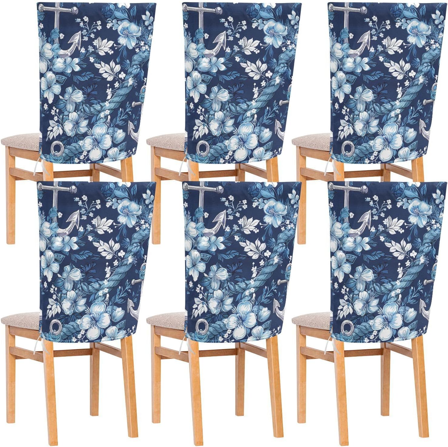 ALAZA Nautical Anchor Blue Flowers Chair Back Cover Set of 6, Washable Reusable Removable Chair Slipcovers Decorative Chair Cover for Home Kitchen Wedding Party