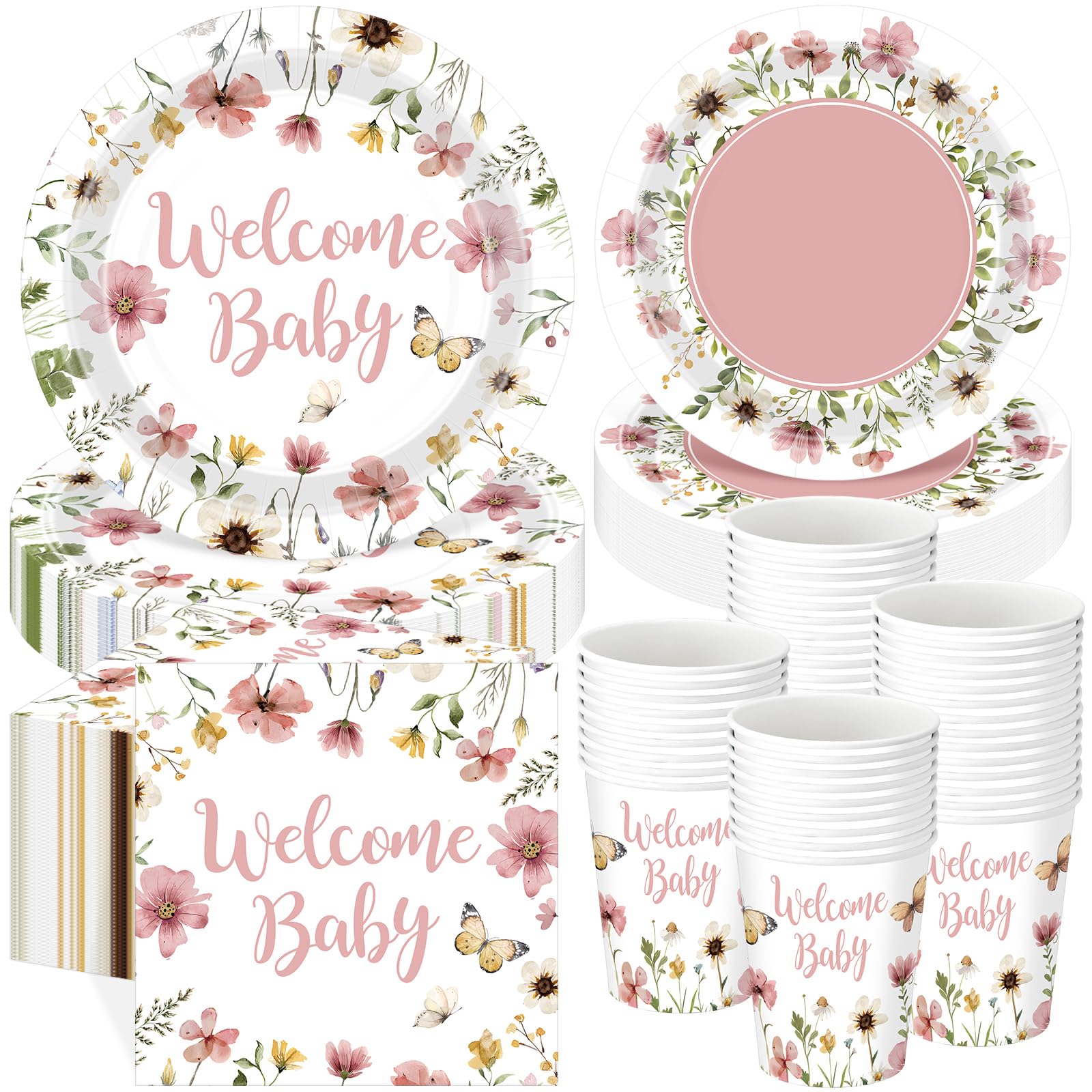 Pickmesh 250 Pcs Pink Floral Baby Shower Party Supplies Decorations Serve 50 Wildflower Welcome Baby Disposable Paper Plates Napkins and Cups for Birthday Babies Girl Shower Gender Reveal Party Decor
