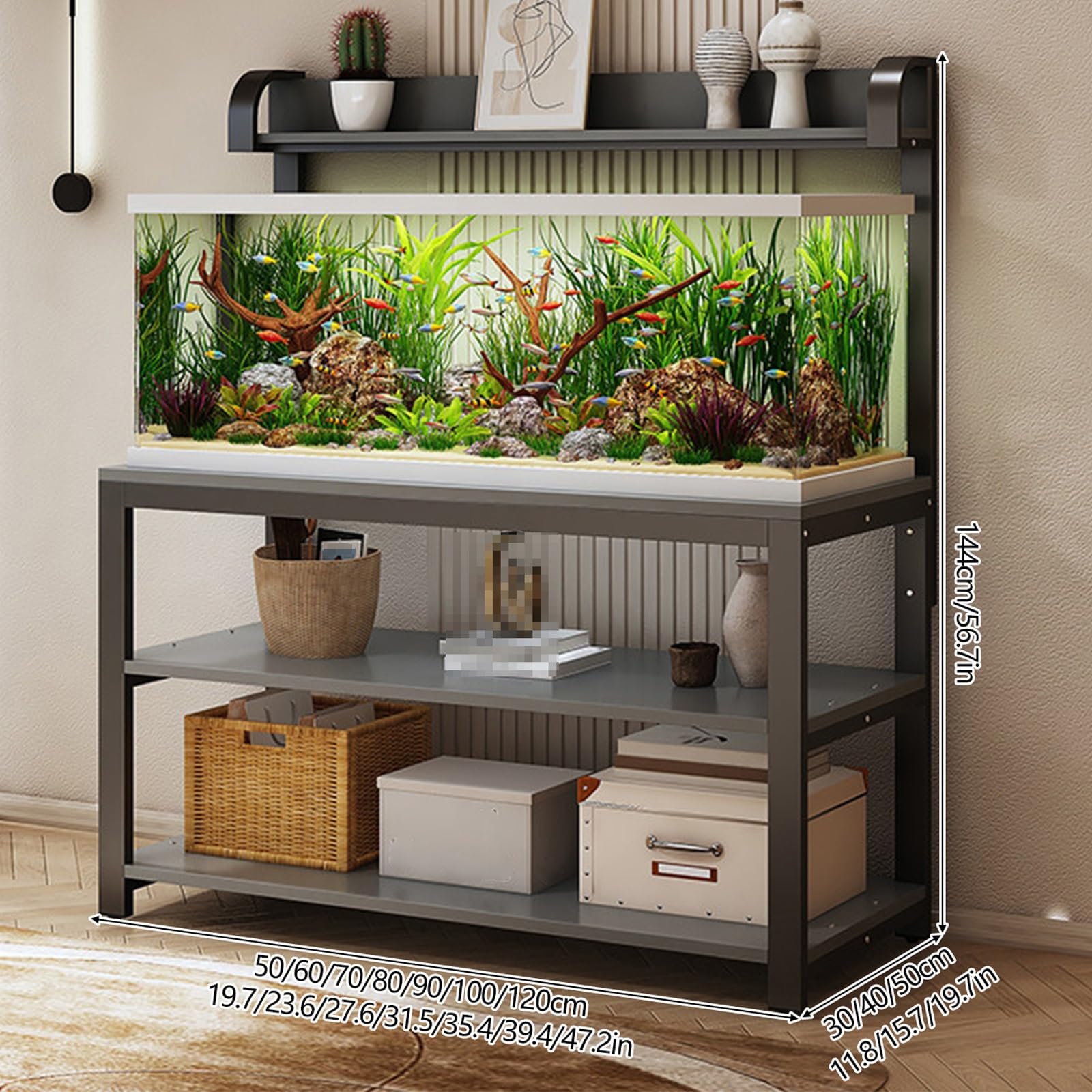 Szafka dolna do akwarium z półką, regulacja wysokości, szafka akwariowa z metalową ramą, otwarty design, do domu, salonu, biura, hotelu (biała + naturalna, 120 x 50 x 144 cm)