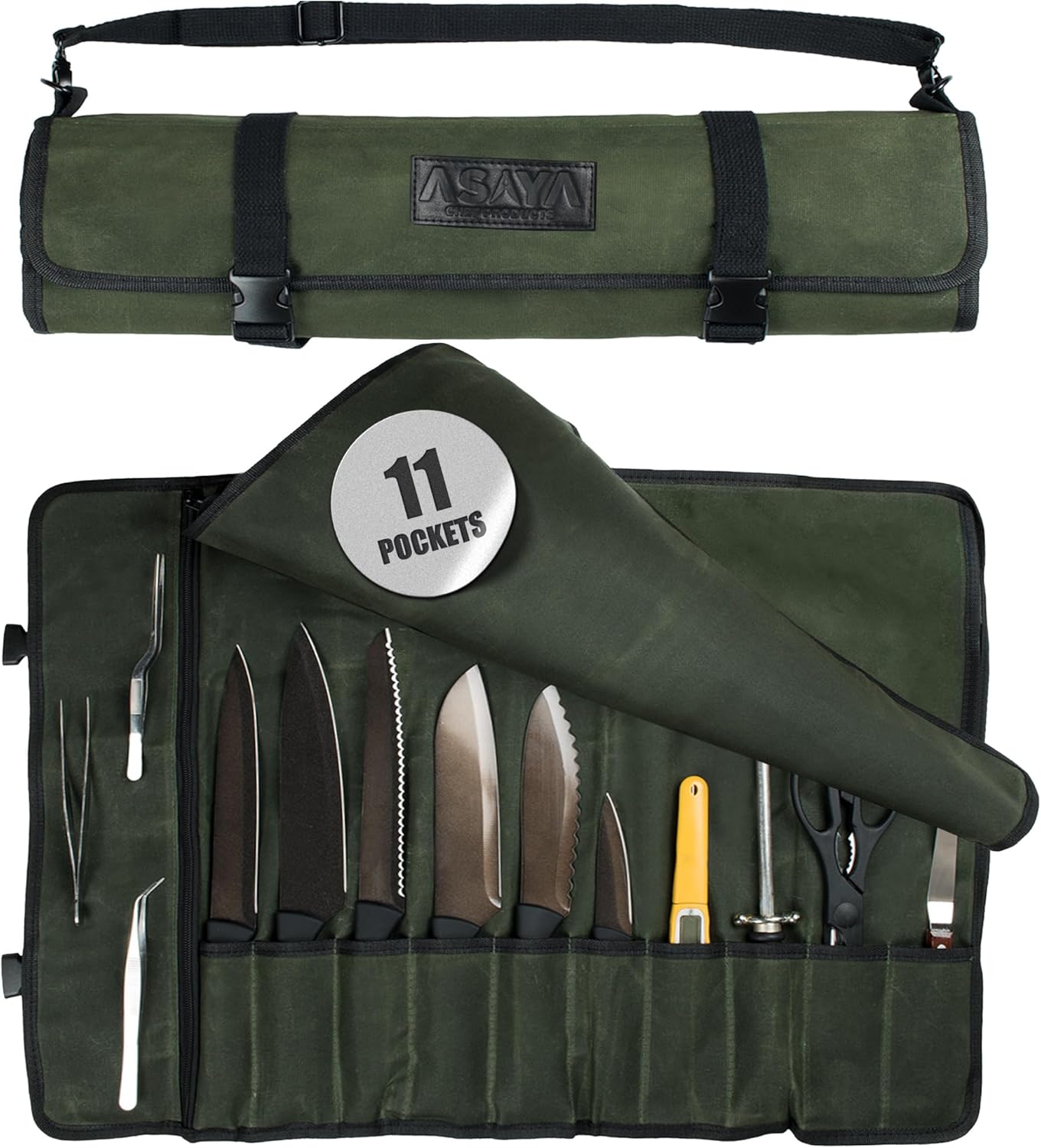 Asaya Canvas Chef Knife Roll Bag - 10 Knife Slots and a Large Zipper Pocket - Durable 10oz Canvas Knife Case with an Adjustable Shoulder Strap - Knives not Included (Forest Green)