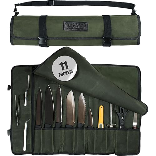 Asaya Waxed Canvas Chef Knife Roll Bag with 10 Slots and a Zipper Pocket - Professional Chef Knife Bag & Storage Case, with Shoulder Strap - Knives Not Included (Forest Green)