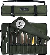 Asaya Canvas Chef Knife Roll Bag - 10 Knife Slots and a Large Zipper Pocket - Durable 10oz Canvas Knife Case with an Adjustable Shoulder Strap - Knives not Included (Forest Green)