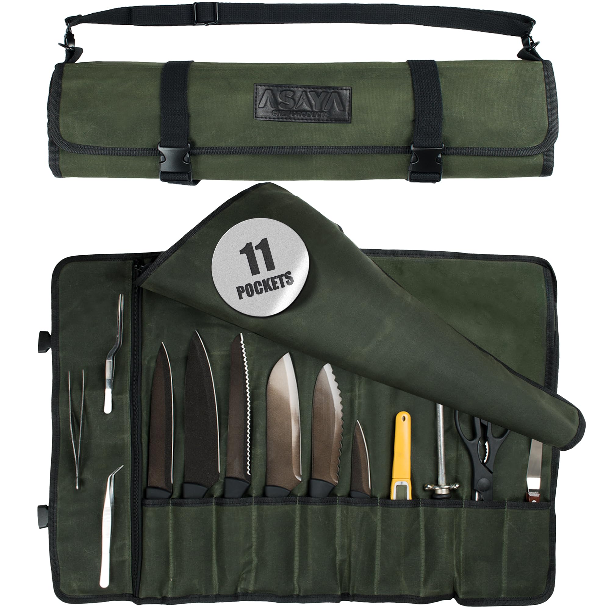 Asaya Canvas Chef Knife Roll Bag - 10 Knife Slots and a Large Zipper Pocket - Durable 10oz Canvas Knife Case with an Adjustable Shoulder Strap - Knives not Included (Forest Green)