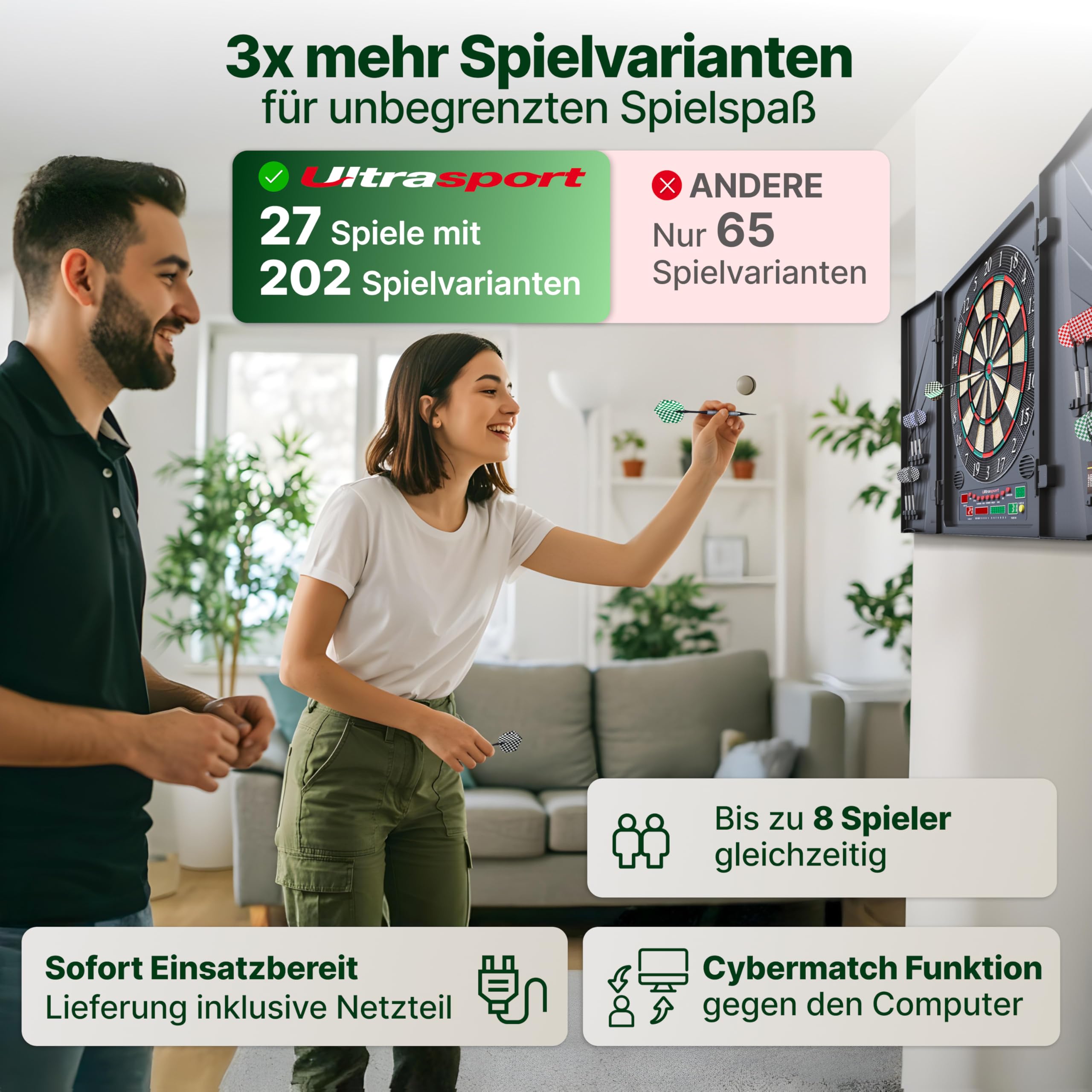 Ultrasport Dartscheibe Elektronisch Profi Set für 1-8 Spieler mit 15 Darts, 15 Pro Flights, 100 Pfeilspitzen, 3 Startlinien I Dartautomat
