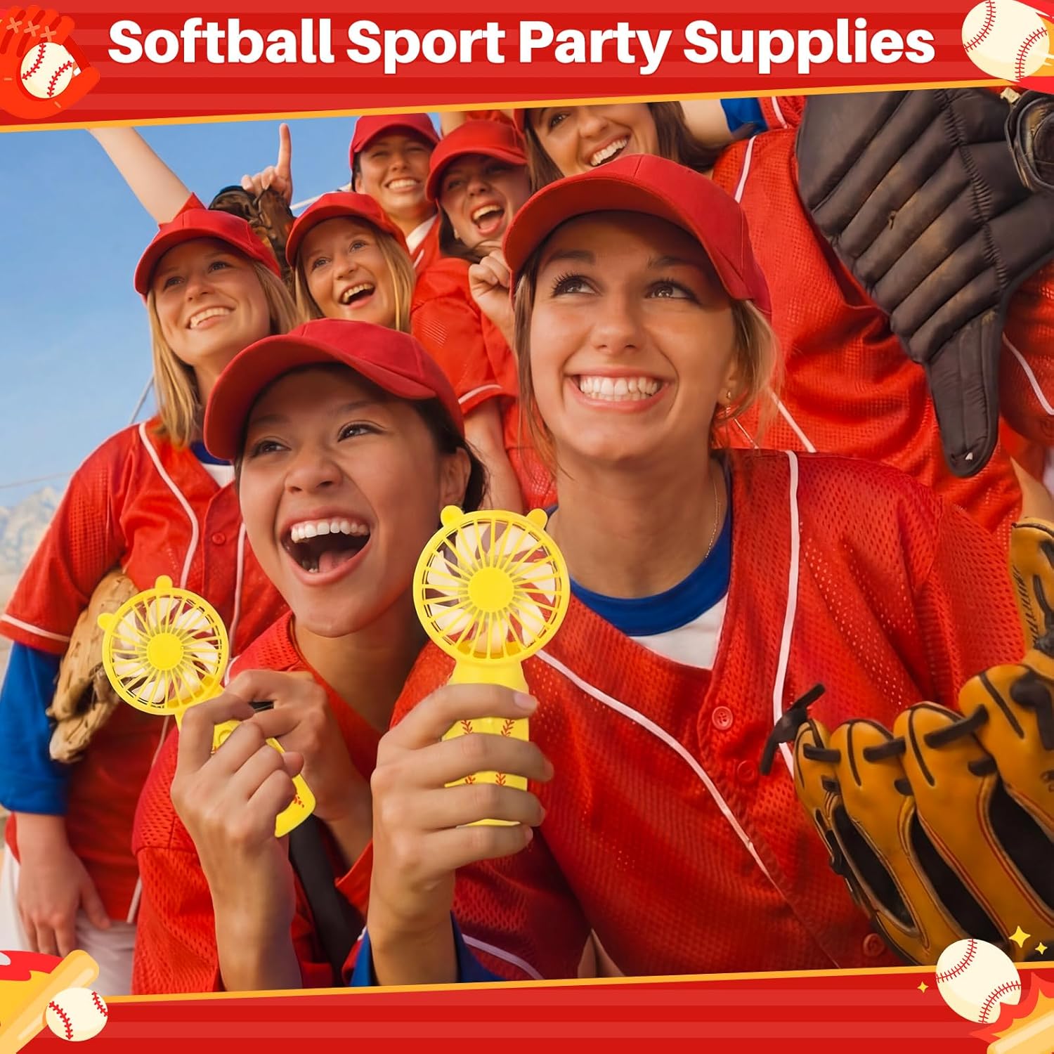 32 Pcs Softball Party Favors 16 Softball Handheld Fan and 16 16oz Plastic Tumblers with Lids and Straws Mini Portable Fans Cups Bulk for Softballs Team Gifts Sport Party (Yellow, Cute Style)