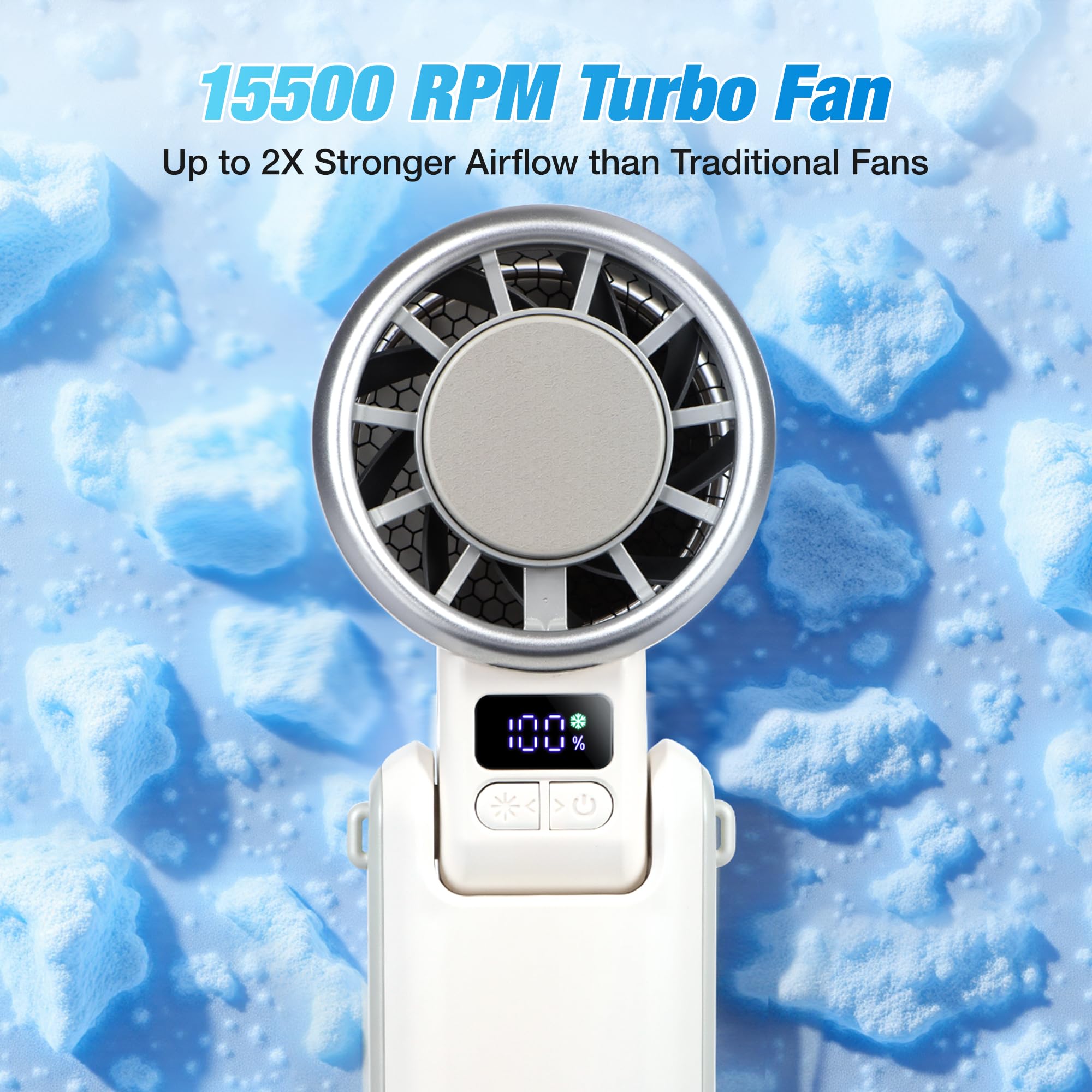 Ventola portatile Turbo portatile con raffreddamento ICE - batteria da 4000 mAh, vento a 5 velocità, motore brushless, ricarica rapida USB-C, pieghevole, indossabile e da tavolo, mini ventilatore per