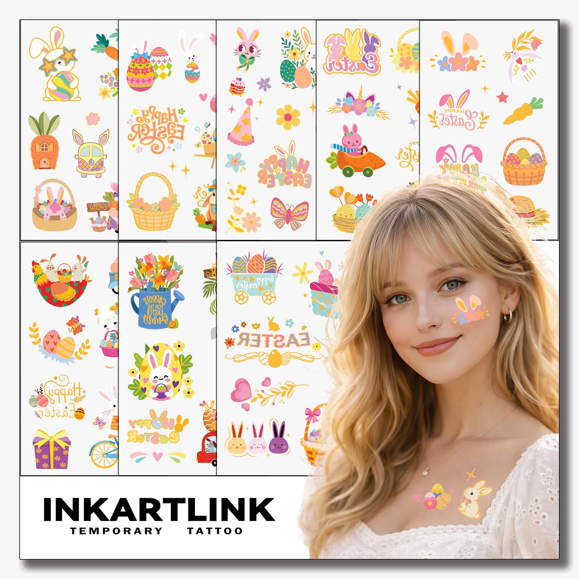 Easter Temporary Tattoos, 8 Sheets Waterproof Easter Bunny and Egg Tattoo Stickers for Easter Party Favors Supplies (Easter Gold Edition)