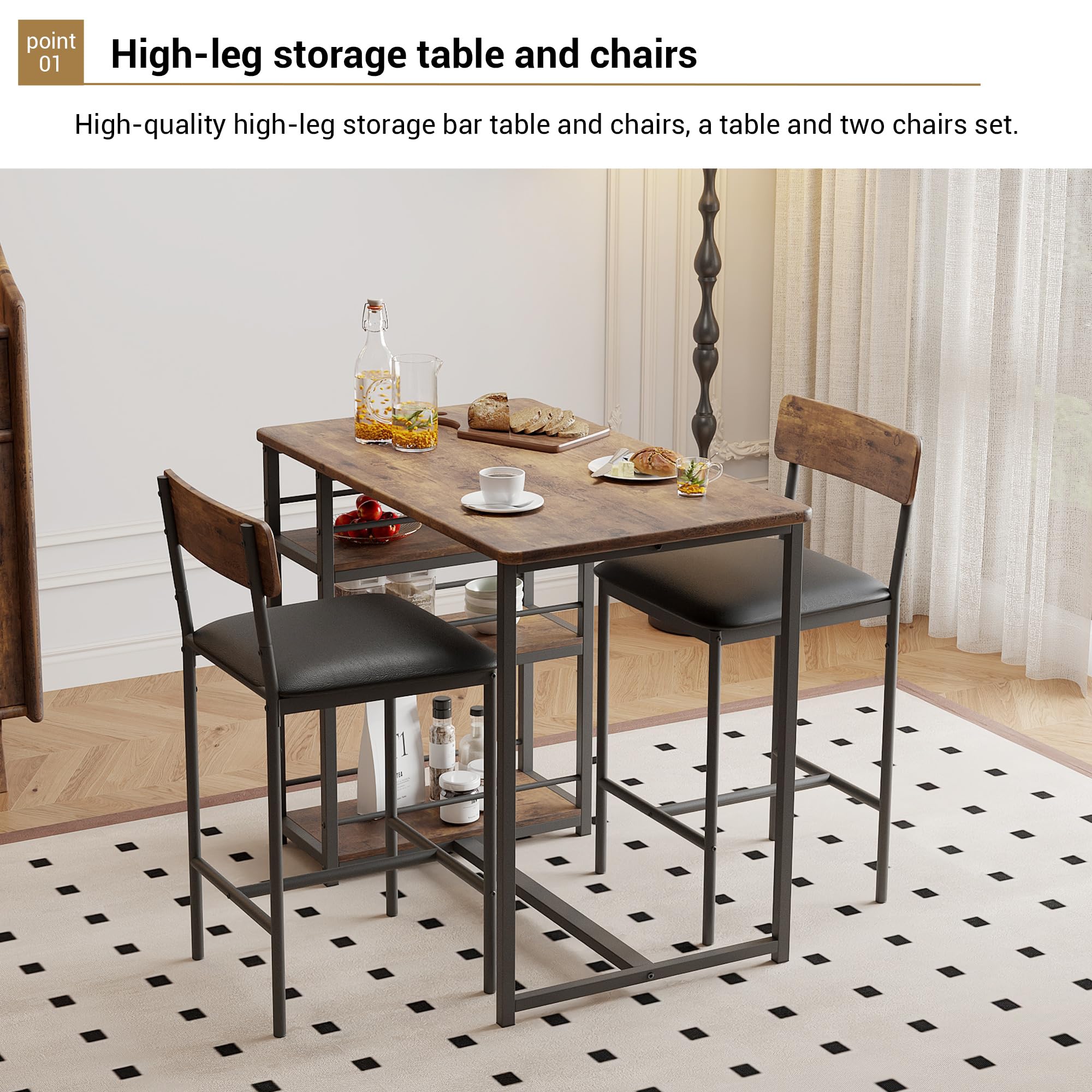 Table de bar avec tabourets rembourré pour 2 Personnes,Table mange debout avec tabourets,3 étagère De Rangement,Ensemble Table haute cuisine pour Petit Espace,Appartement,Ilot central cuisine(Brun)