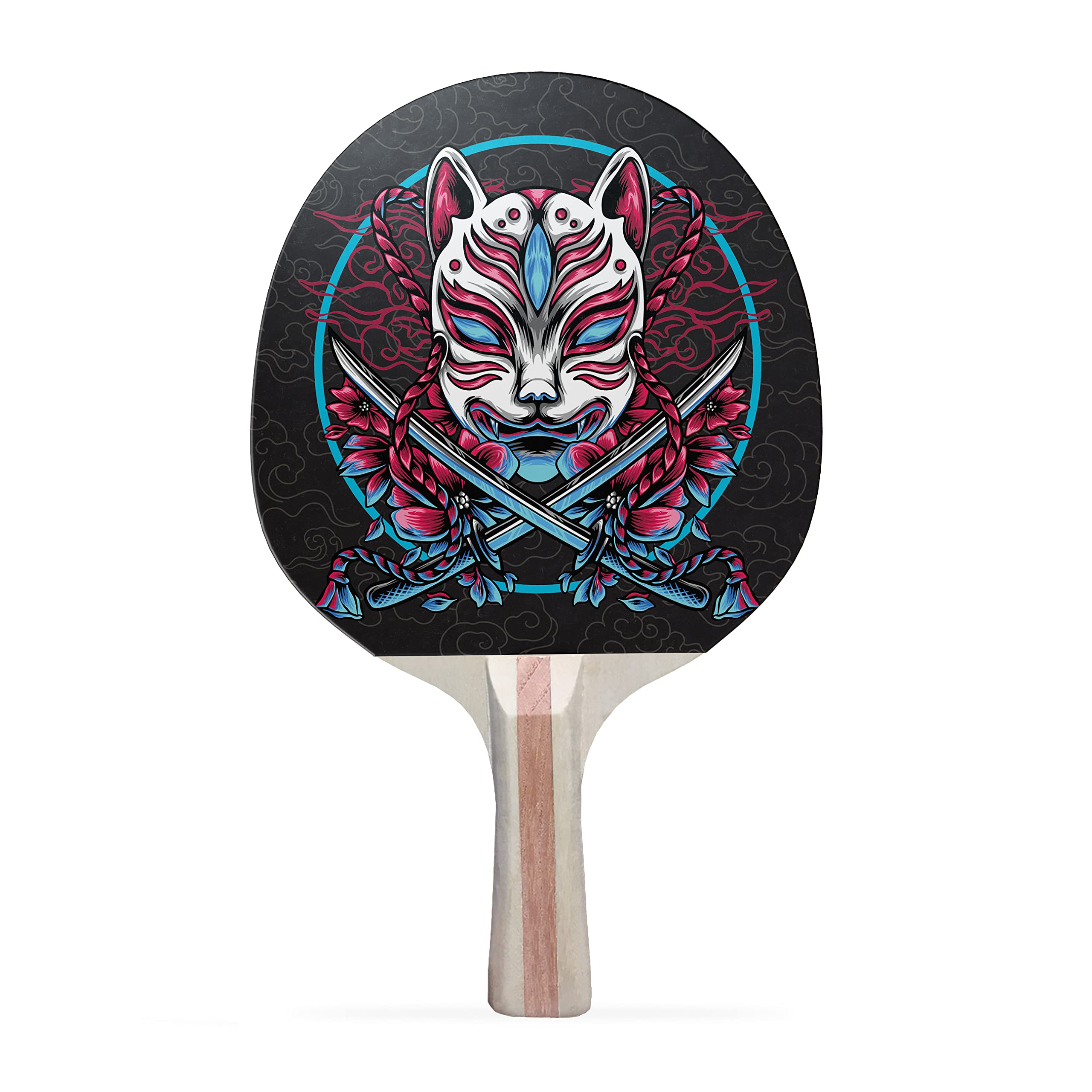 TigerTail Sports Kitsune Japan Colorful Design Ping Pong Paddle, Premium 5 Ply Table Tennis Racket (Red on Back)
