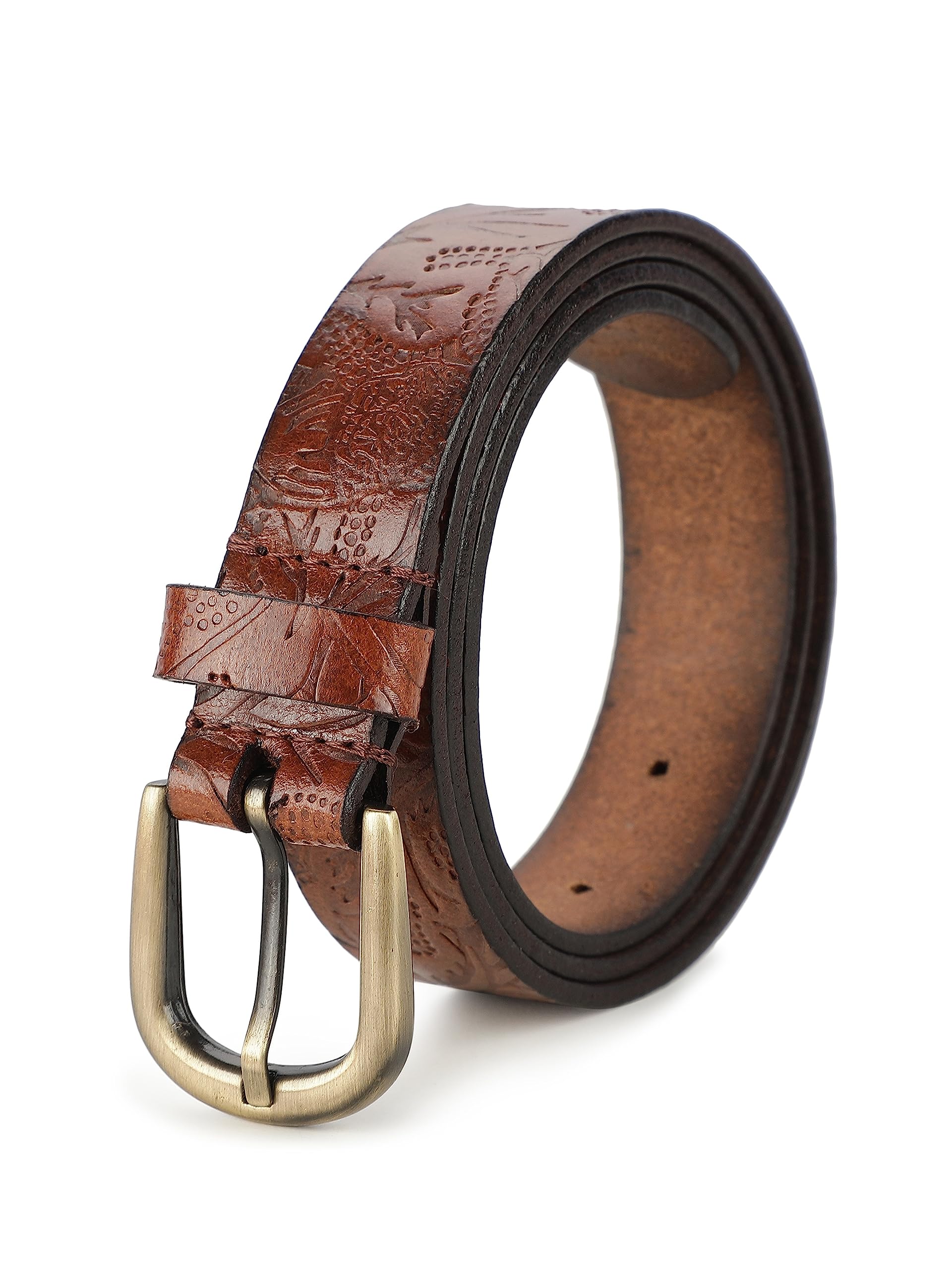 Tan shantiniketan batik pattern embossed women belt-image-44
