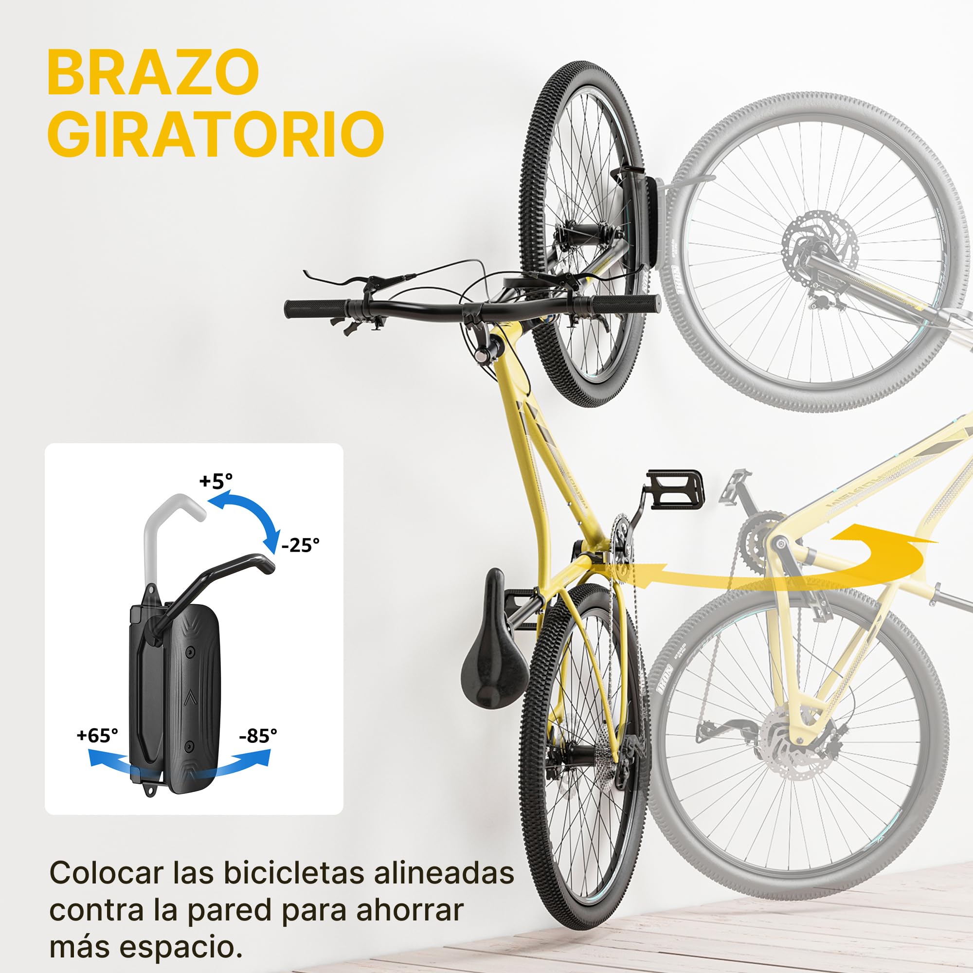 monTEK Soporte Bicicleta Pared Giratorio, Colgador Bicicleta para Garaje, Soporte Vertical para Bicicletas MTB y Carretera, Ahorra Espacio