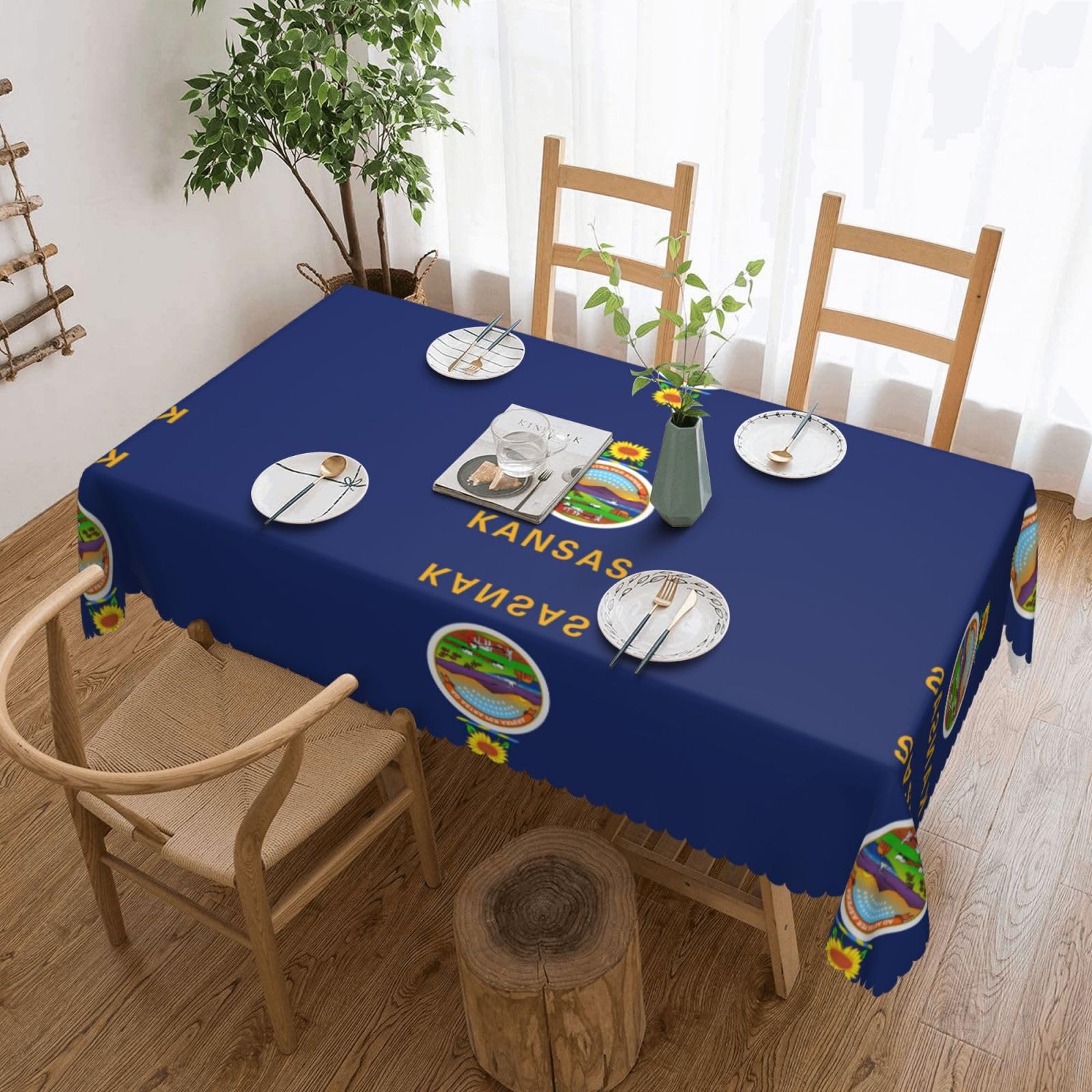 HLBSDM Kansas State Flag Print Rectangle Washable Tablecloth Decorative Table Cover for Dining Table Buffet Parties, Black