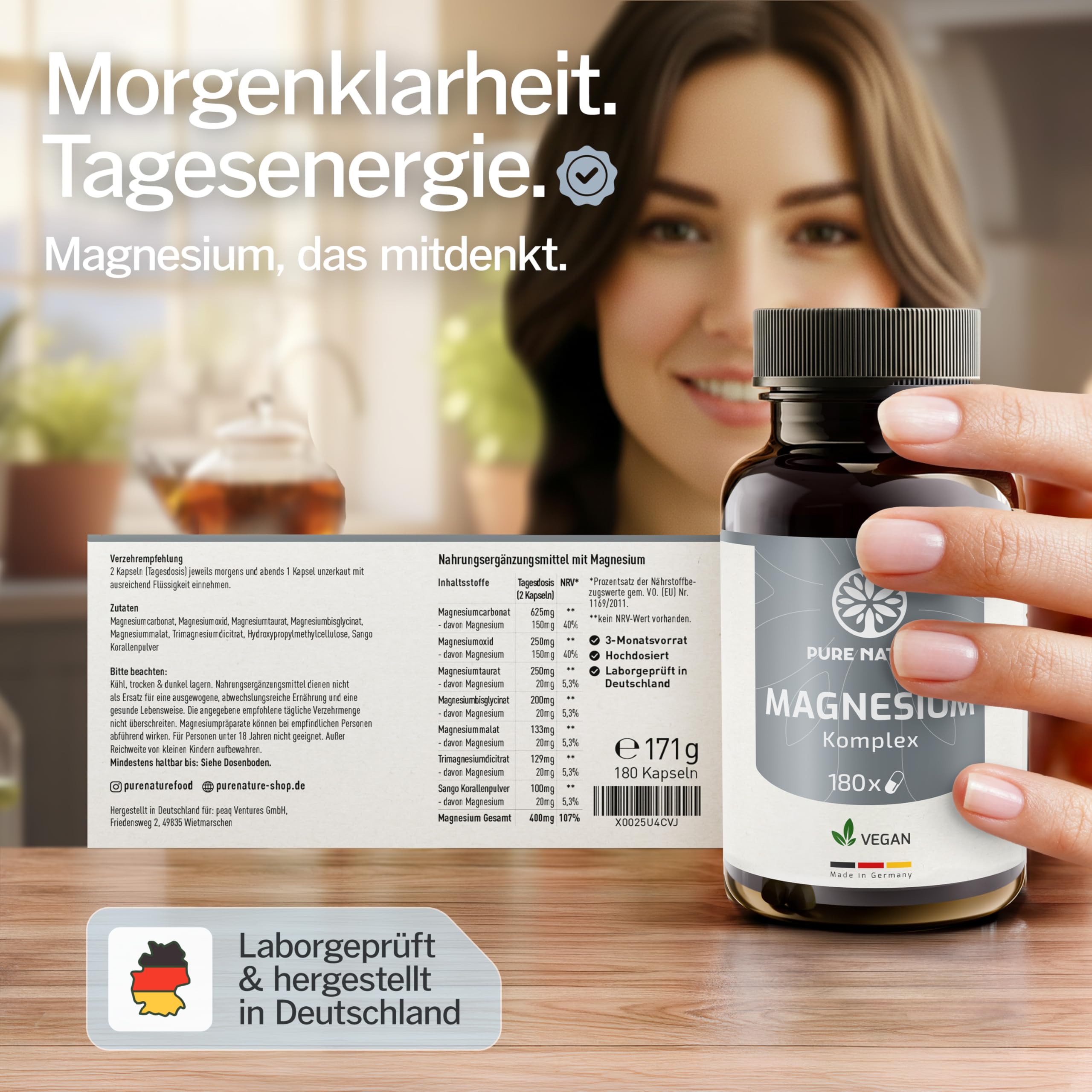 Magnesium Komplex hochdosiert - 400 mg - 180 Kapseln - 7in1 Komplex mit Magnesiumbisglycinat, Magnesiumcitrat, Magnesiummalat, Magnesiumtaurat - vegan - laborgeprüft - ohne Zusätze