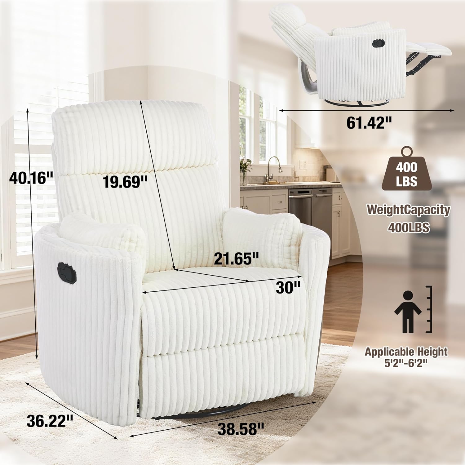 Swivel Rocking Chair Nursery for Adults, Swivel Rocker Recliner Glider, Barrel Armchair Single Sofa with 2 Pillows, for Living Room, Bedroom, Nursery, Beige