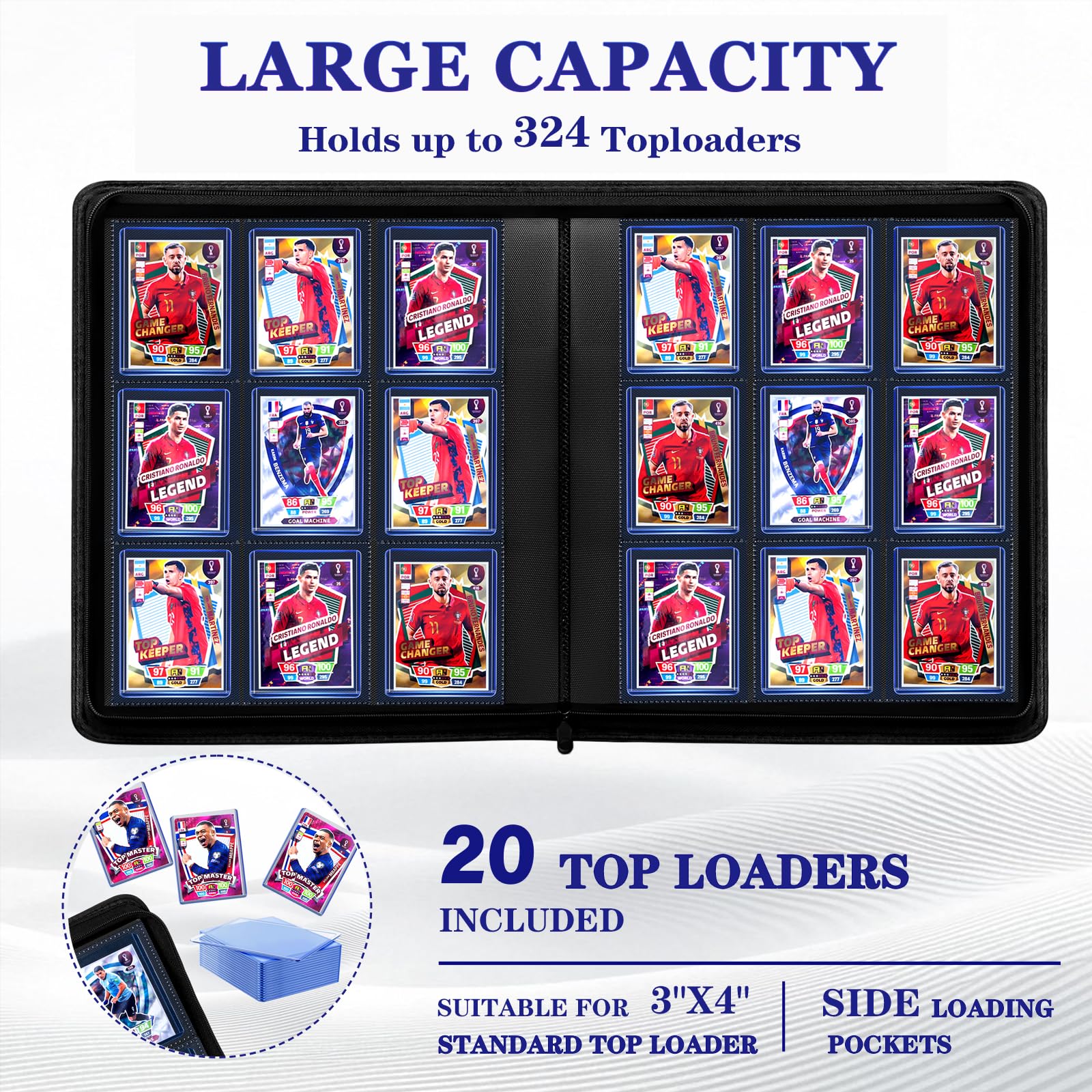 Carpeta de tarjetas intercambiables, carpeta de carga superior con capacidad para 324 tarjetas en cargadores superiores, 20 fundas rígidas, 9 bolsillos, sin anillo, bolsillos de doble cara para