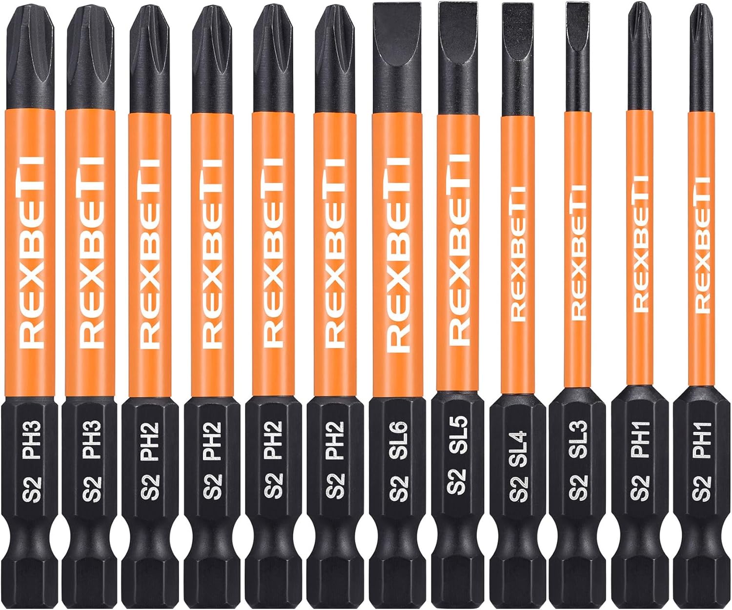 REXBETI 12 Piece Slotted Phillips Screwdriver Bit Set, 1/4 Inch Hex Shank S2 Steel Magnetic 3 Inch Long Drill Bits