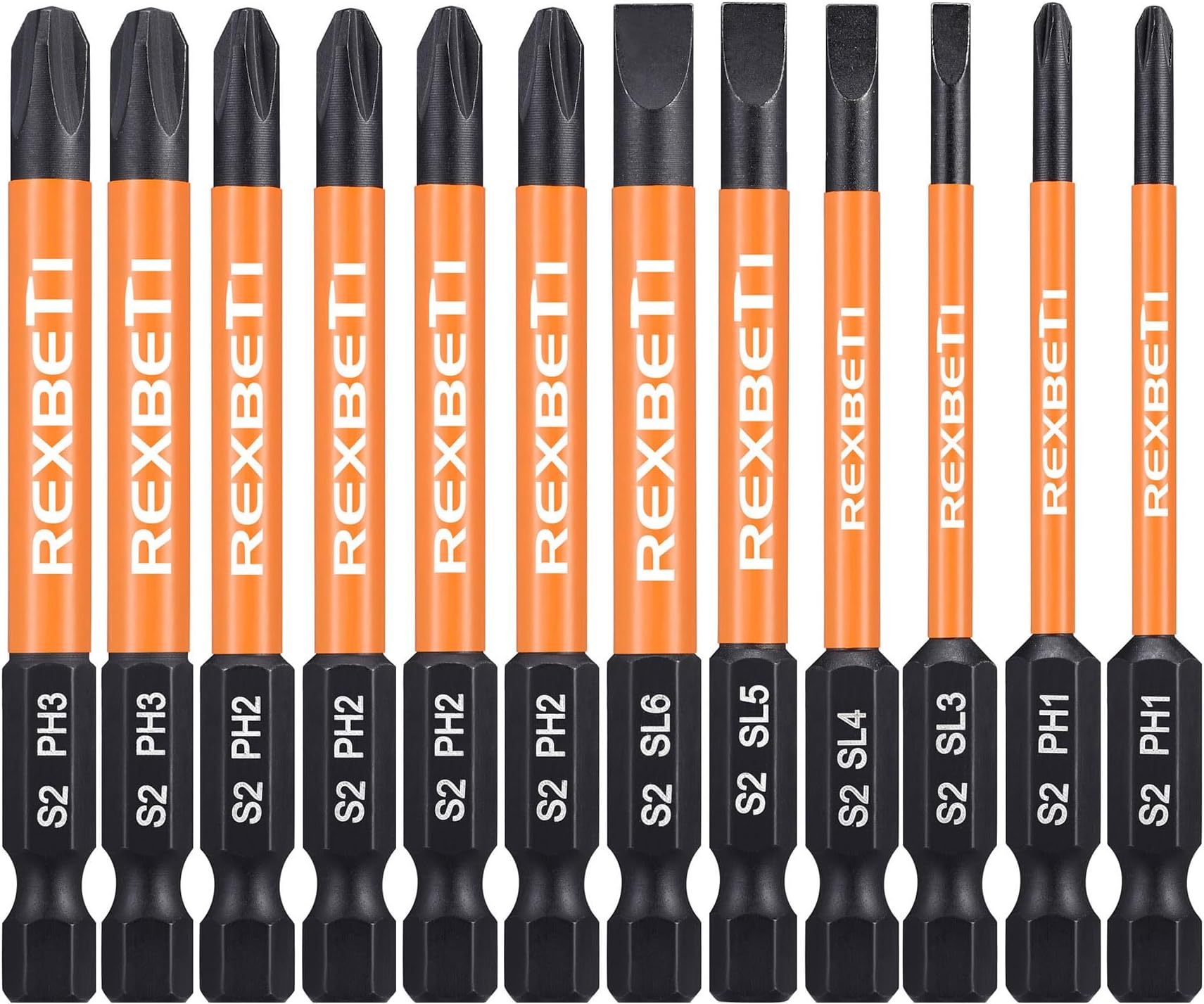 REXBETI 12 Piece Slotted Phillips Screwdriver Bit Set, 1/4 Inch Hex Shank S2 Steel Magnetic 3 Inch Long Drill Bits (Slotted Set)