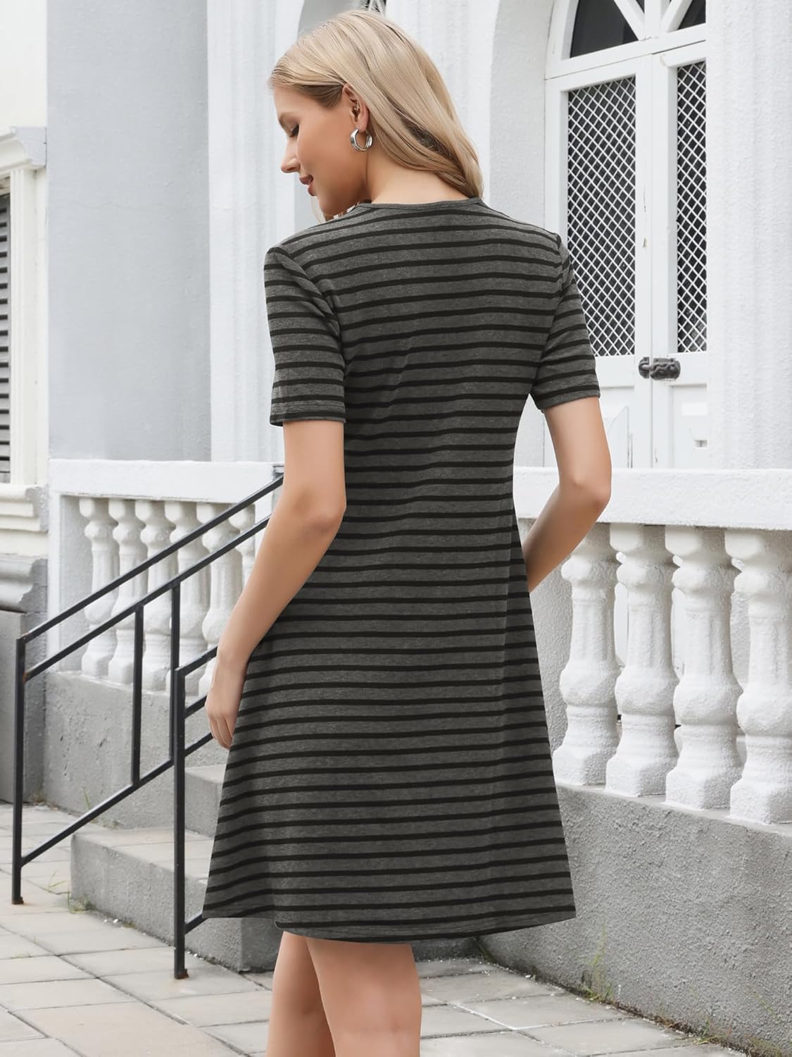 Allegra K Sweater Dress for Women Short Sleeve V Neck A-Line Striped Knit Dresses - Image 2